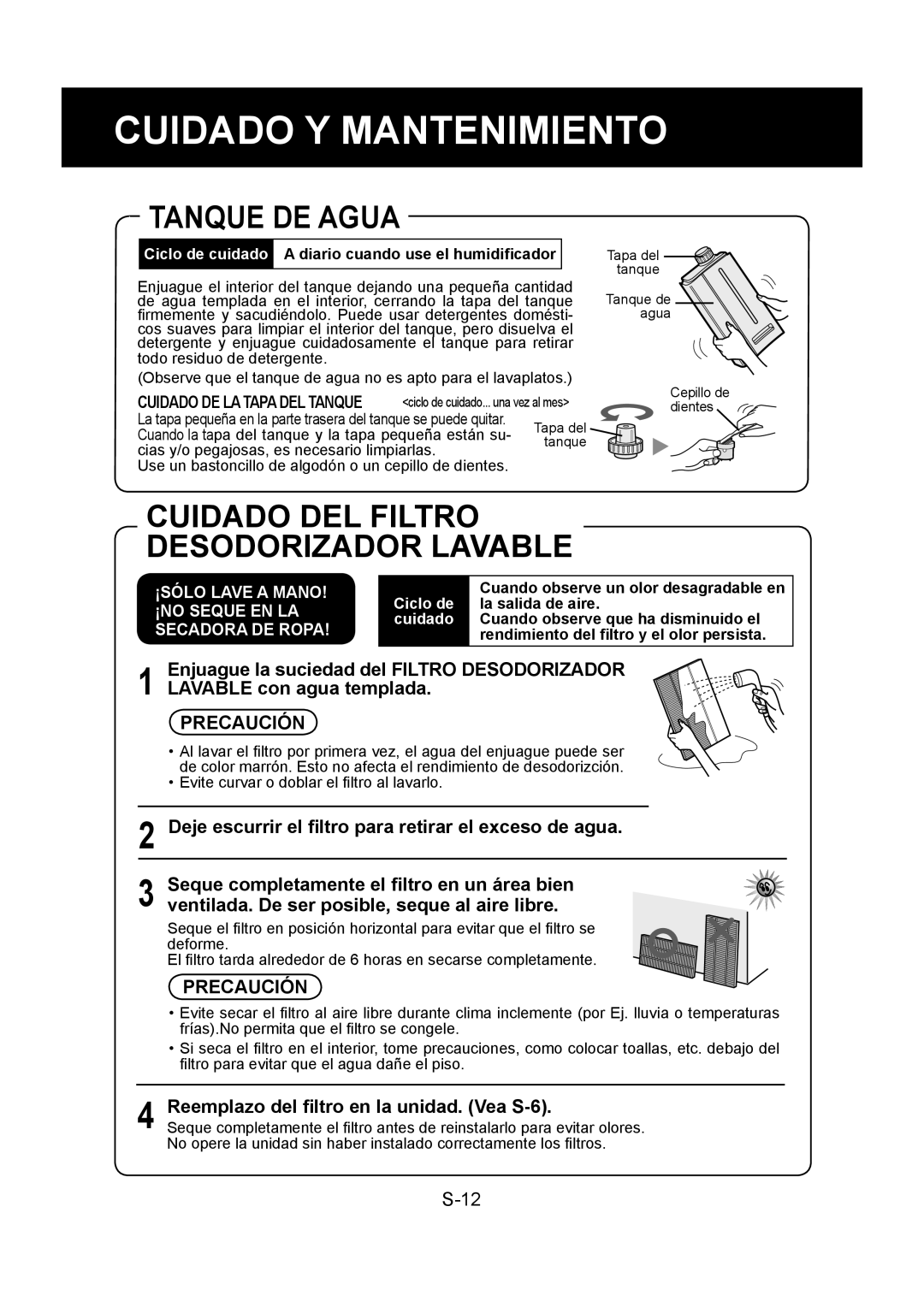 Sharp KC-860U operation manual Tanque DE Agua, Reemplazo del ﬁltro en la unidad. Vea S-6 