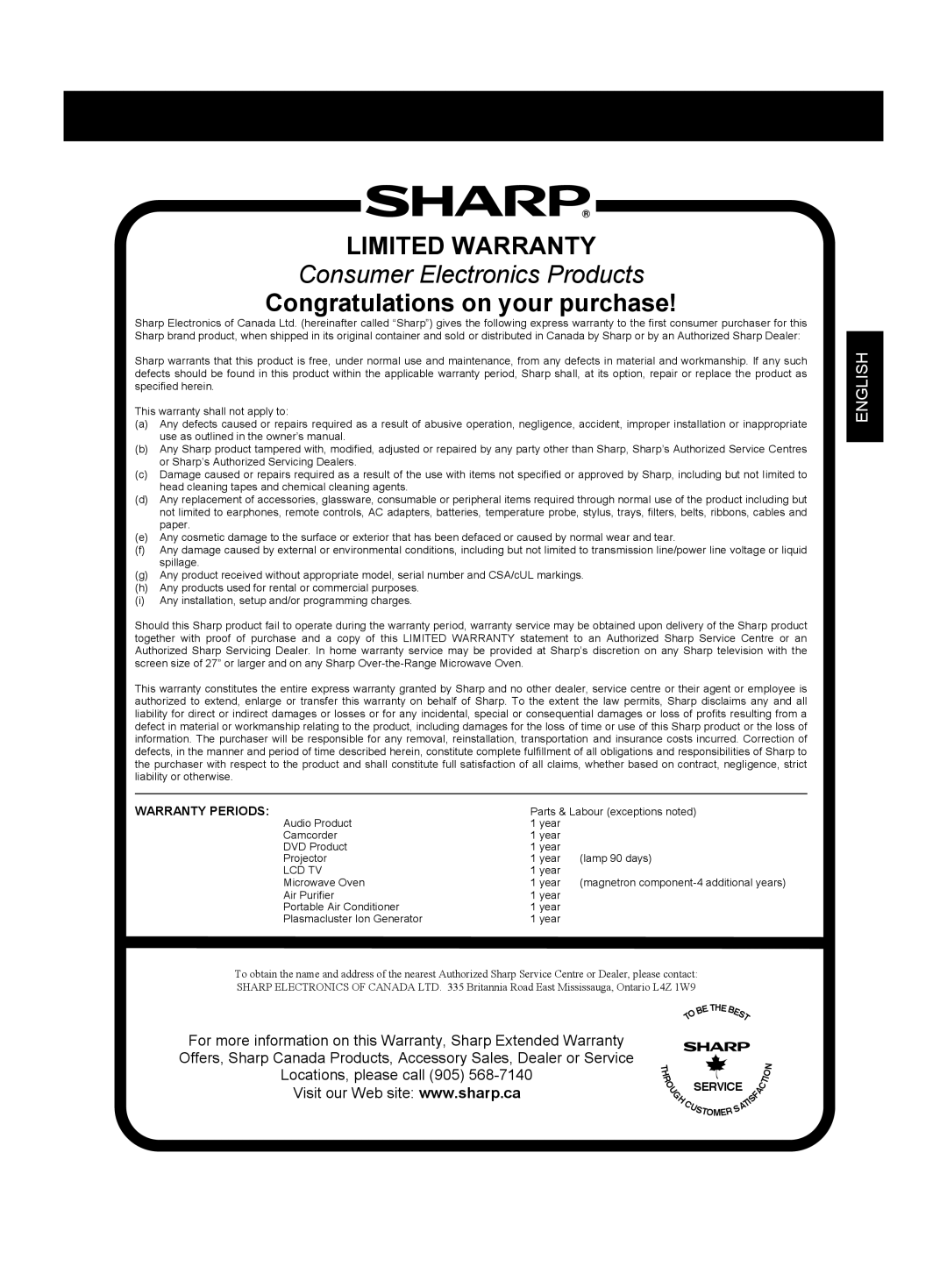 Sharp KC-860U operation manual Limited Warranty 