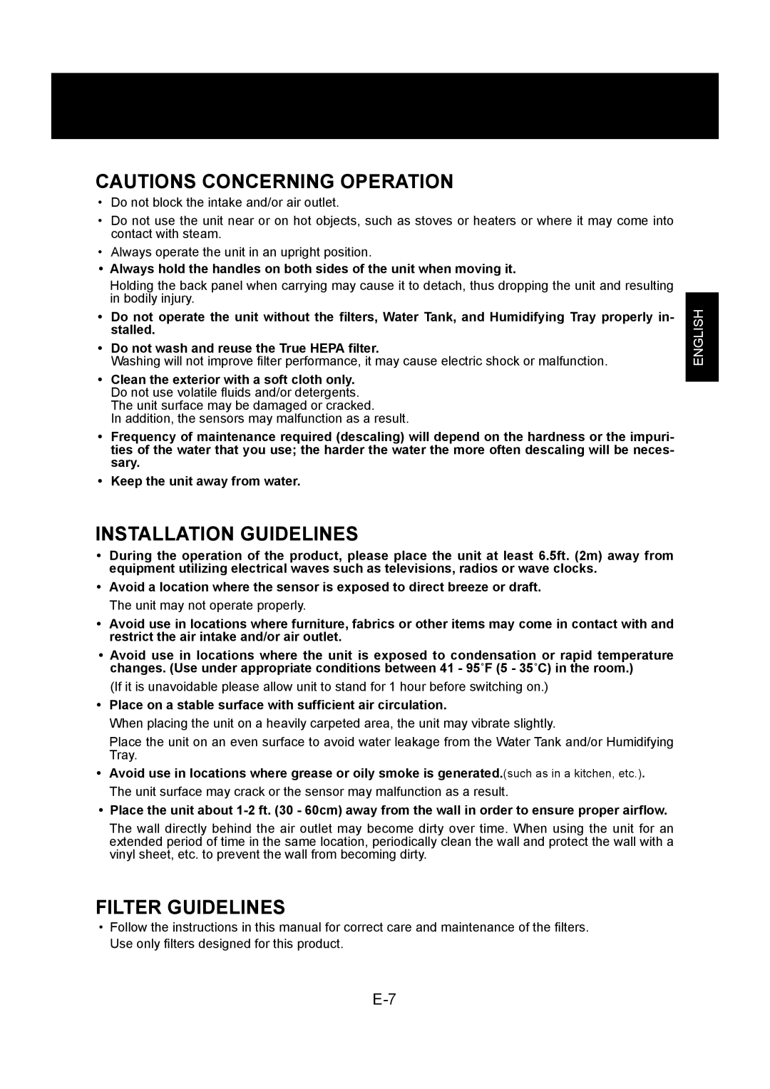 Sharp KC-860U Installation Guidelines, Filter Guidelines, Place on a stable surface with sufﬁcient air circulation 