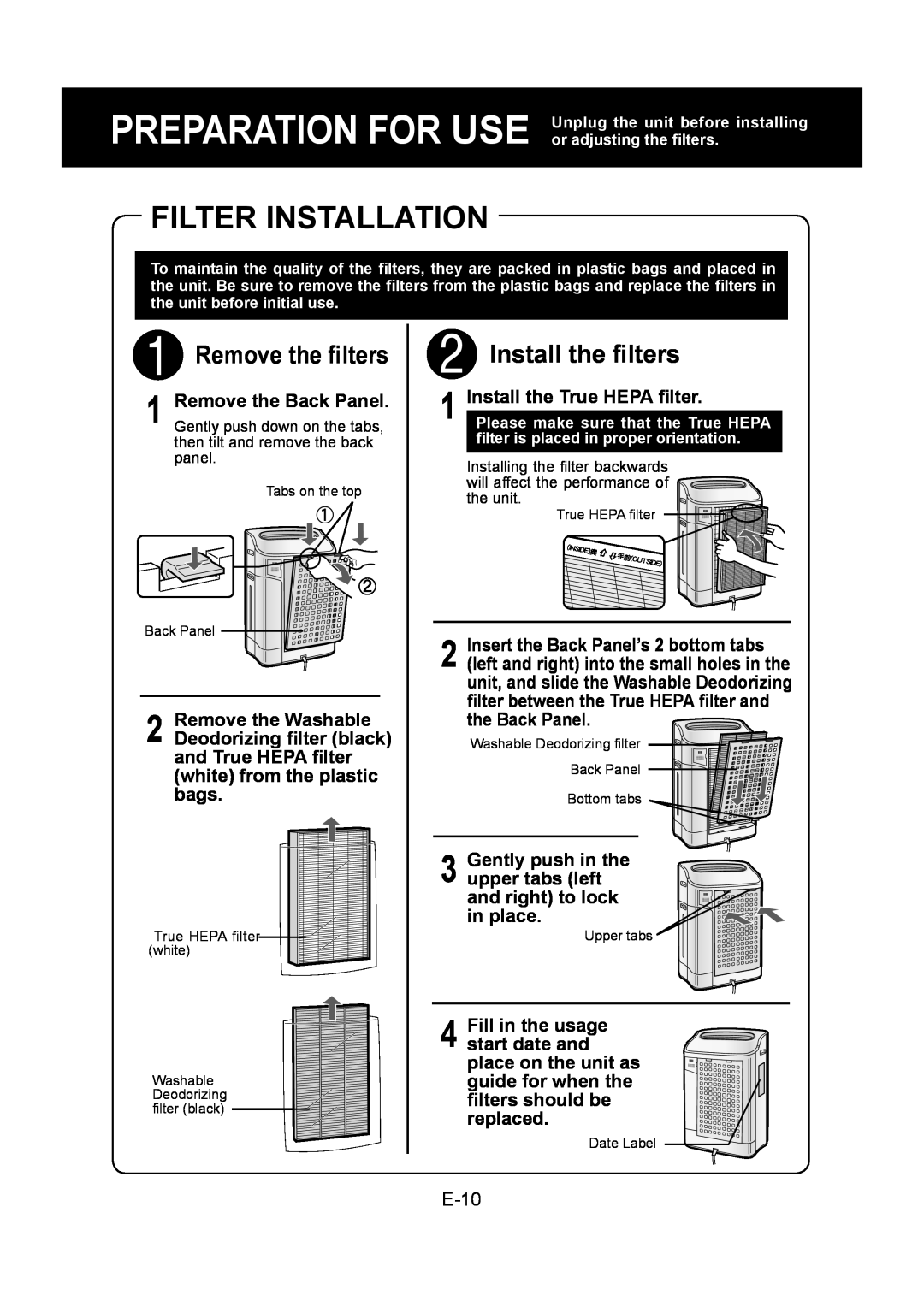 Sharp KC-860U operation manual Filter Installation, Remove the ﬁlters, Install the ﬁlters, Install the True HEPA ﬁlter 