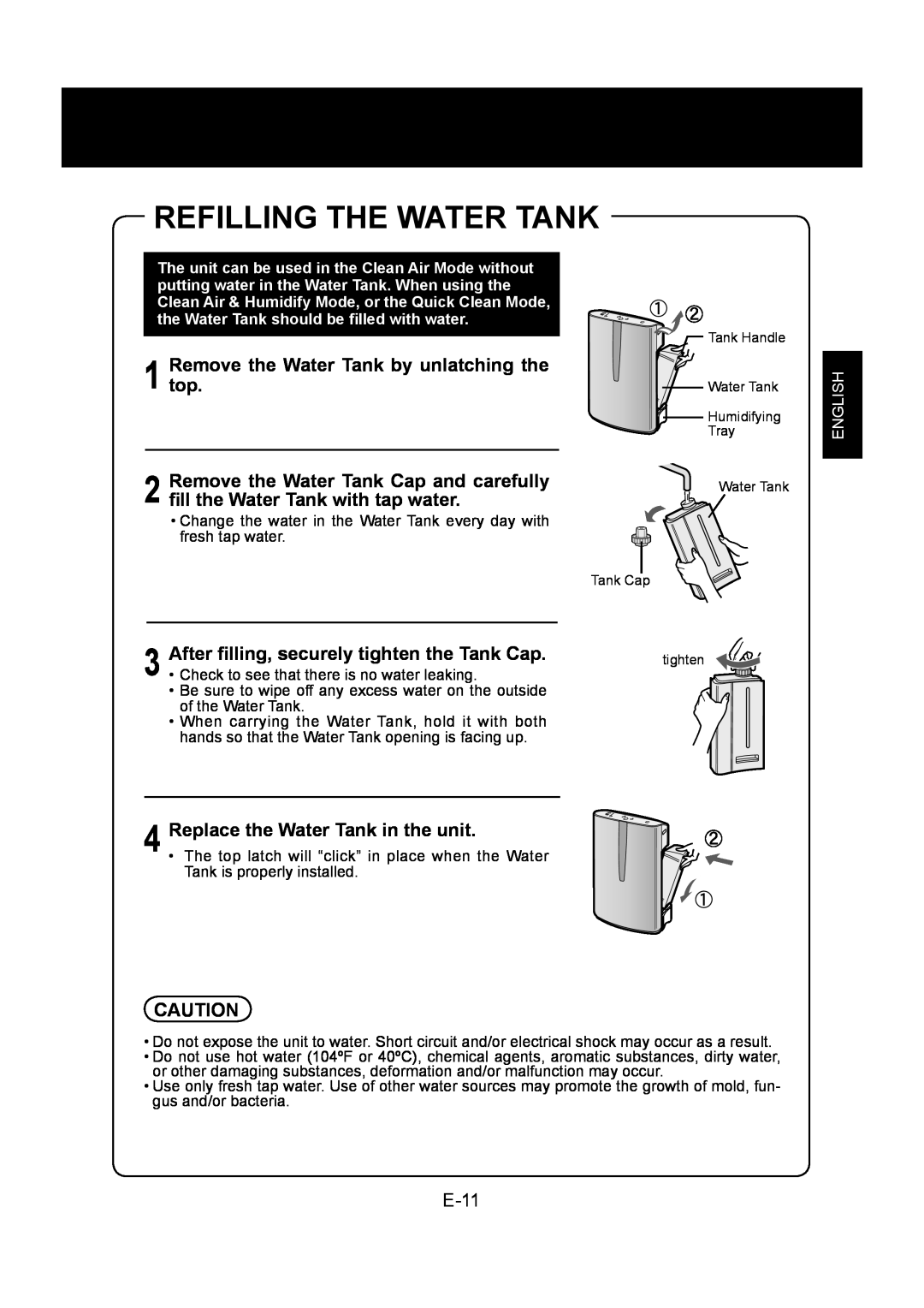 Sharp KC-860U Refilling The Water Tank, 1 top.Remove the Water Tank by unlatching the, ﬁll the Water Tank with tap water 