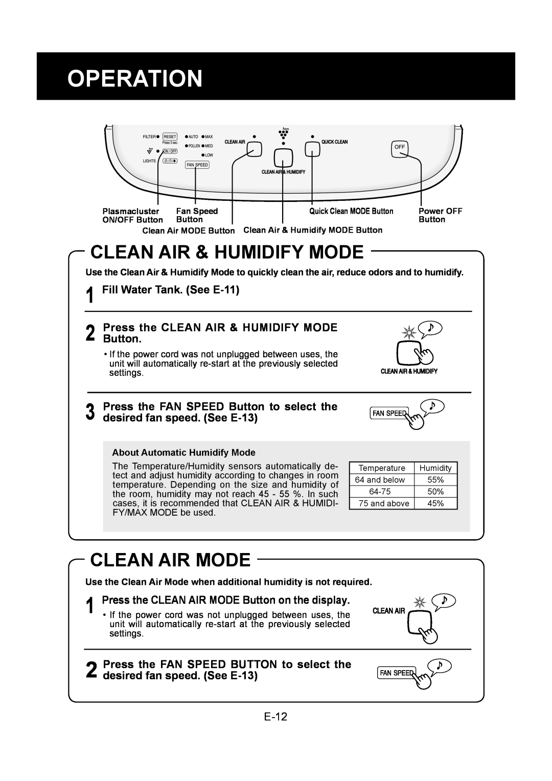 Sharp KC-860U operation manual Operation, Clean Air & Humidify Mode, Clean Air Mode, Fill Water Tank. See E-11, E-12 