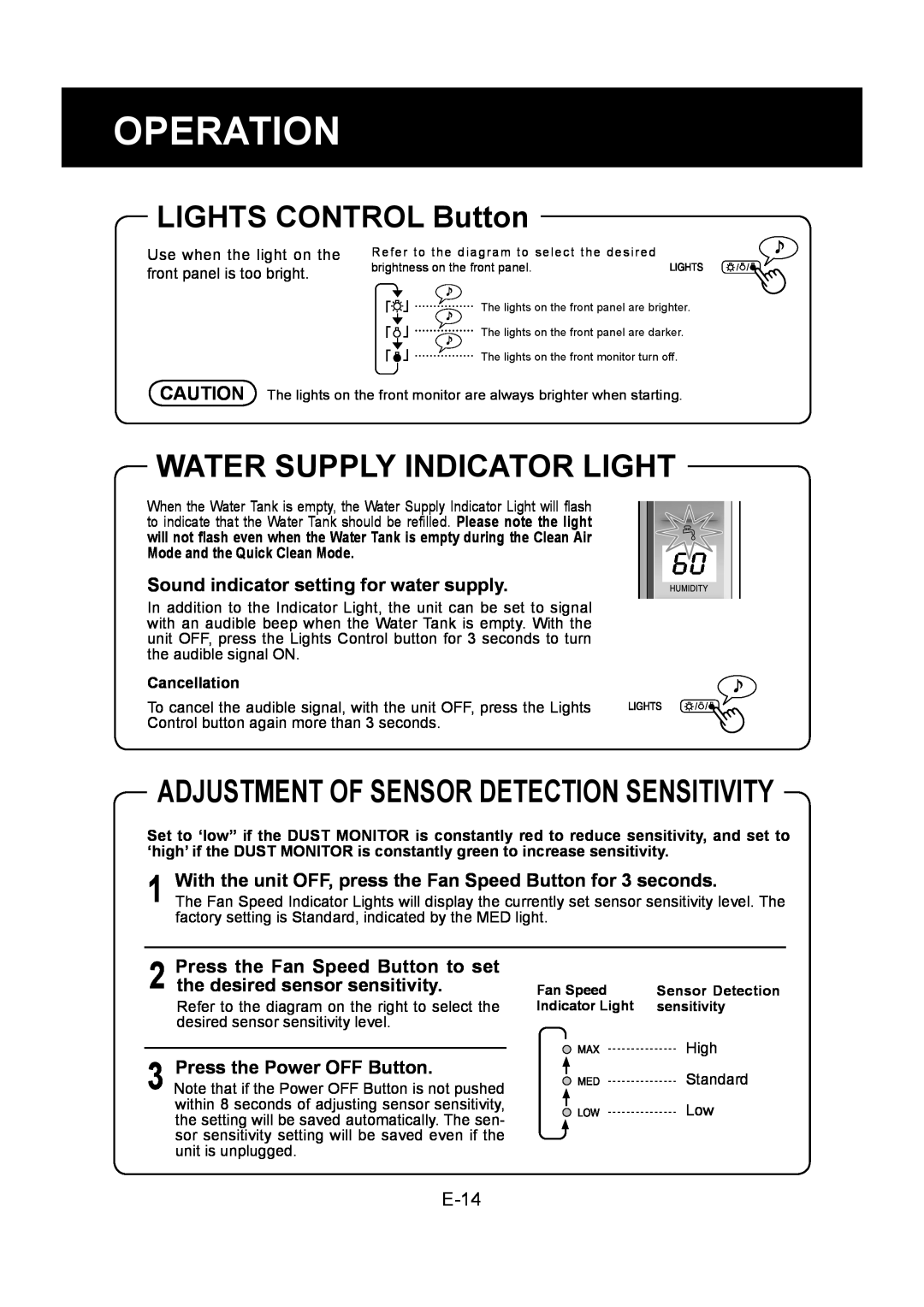 Sharp KC-860U Water Supply Indicator Light, LIGHTS CONTROL Button, Adjustment Of Sensor Detection Sensitivity, E-14 