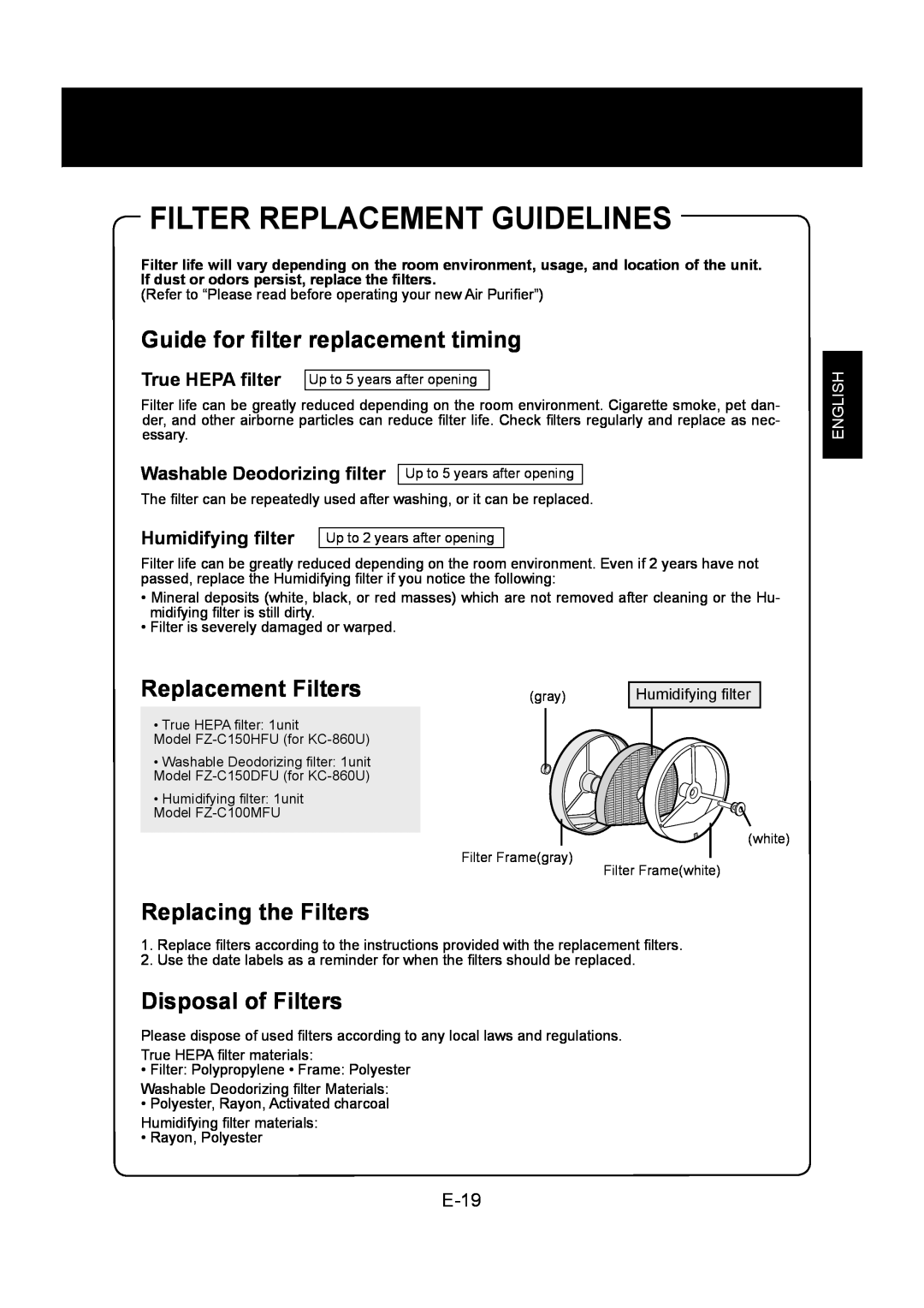 Sharp KC-860U Filter Replacement Guidelines, Guide for ﬁlter replacement timing, Replacement Filters, Disposal of Filters 