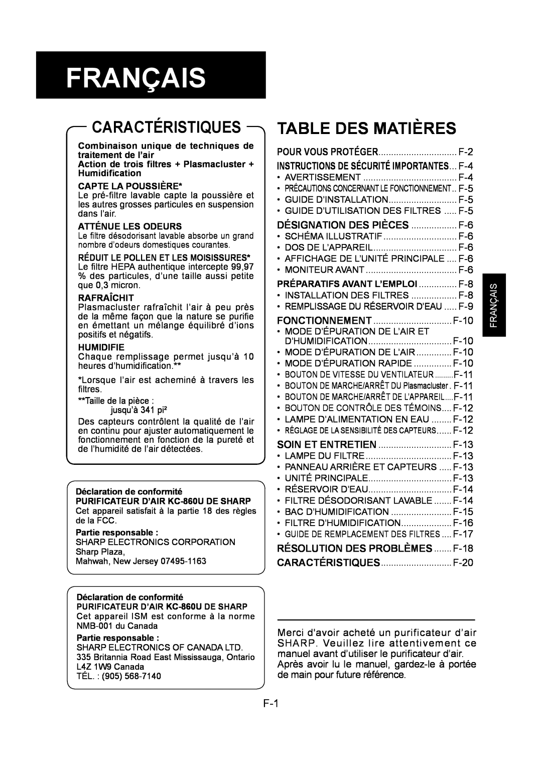 Sharp KC-860U operation manual Français, Caractéristiques, Table Des Matières 