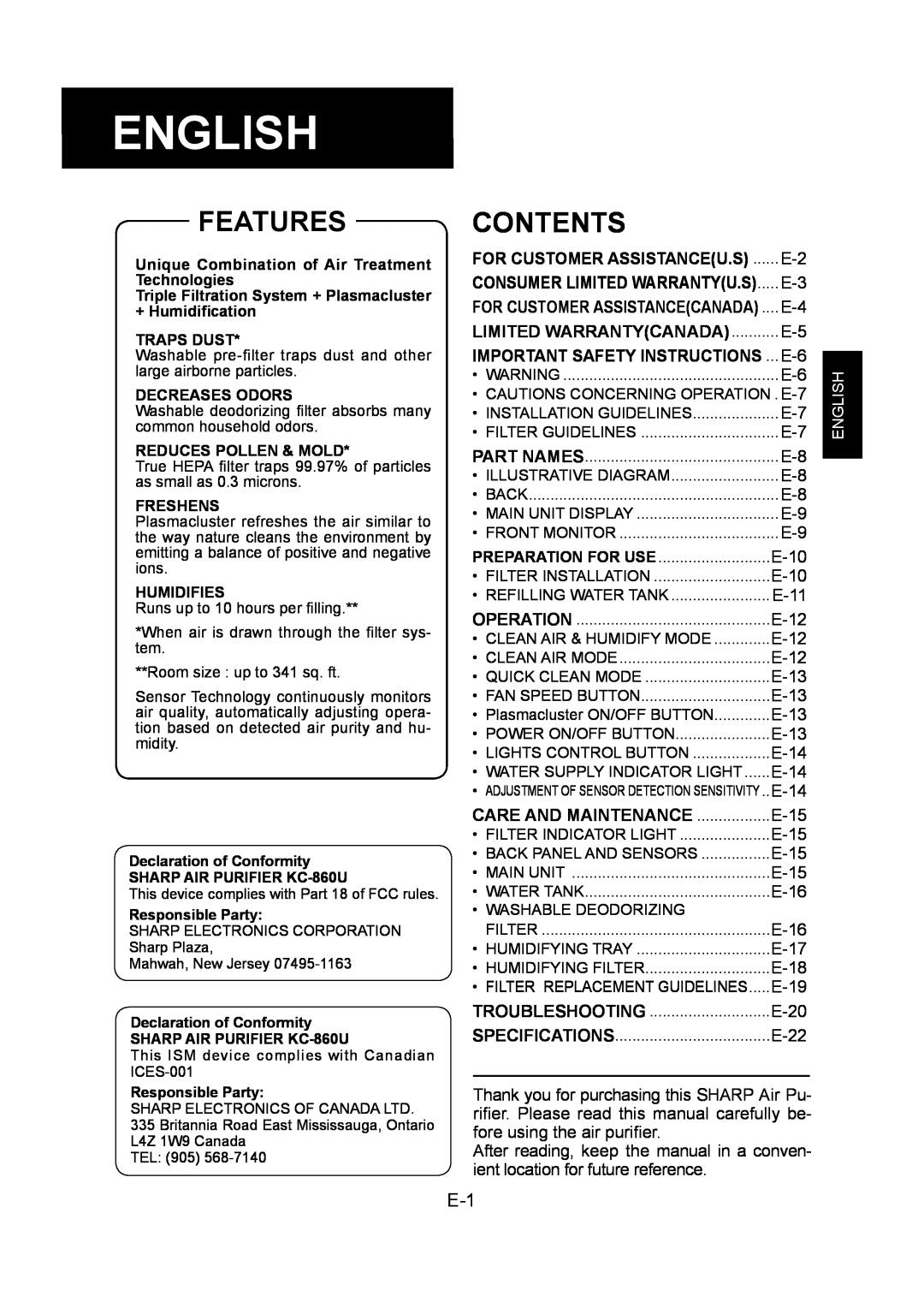 Sharp KC-860U operation manual English, Features, Contents 