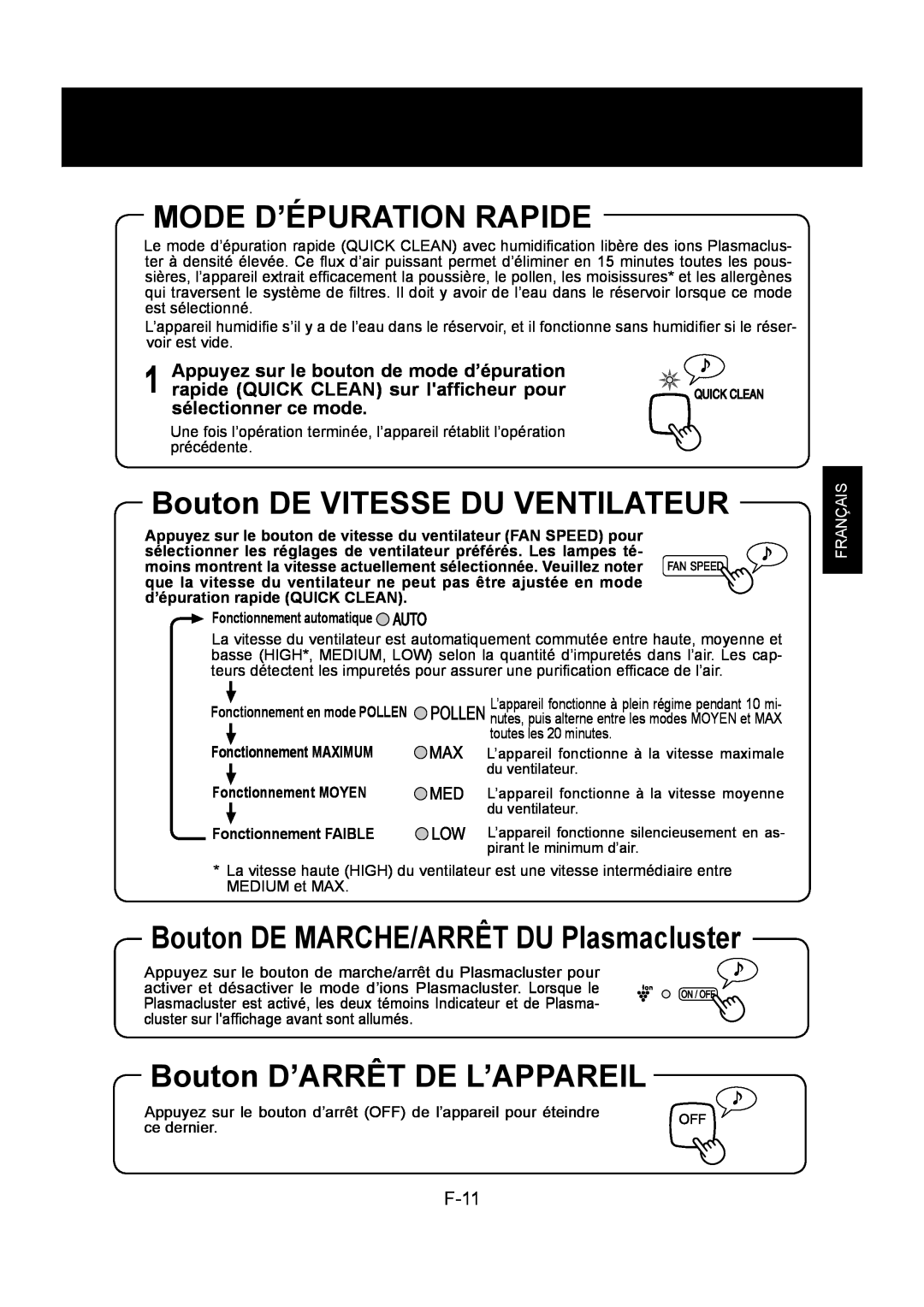Sharp KC-860U Mode D’Épuration Rapide, Bouton DE VITESSE DU VENTILATEUR, Bouton D’ARRÊT DE L’APPAREIL, F-11, Français 