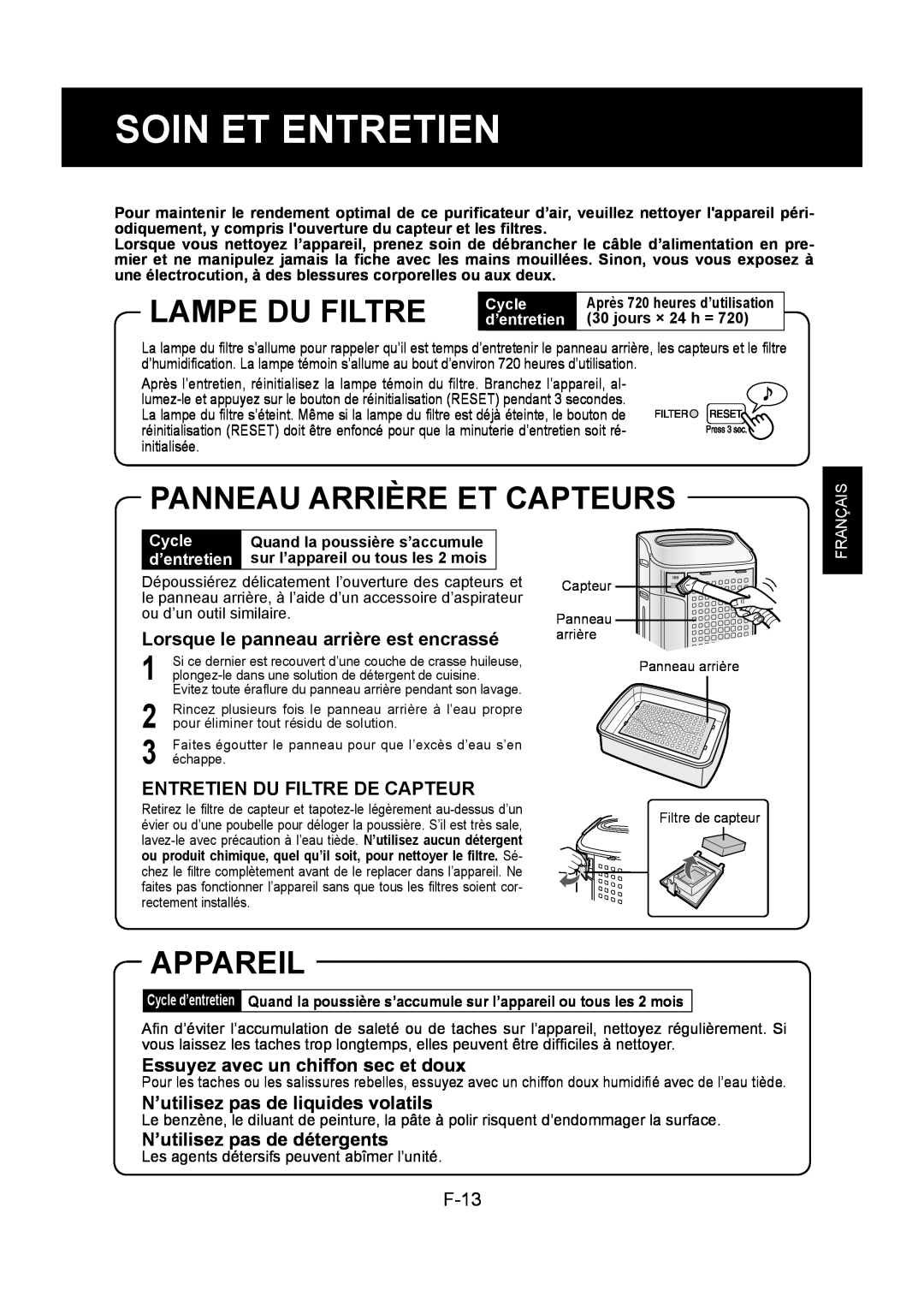 Sharp KC-860U Soin Et Entretien, Lampe Du Filtre, Panneau Arrière Et Capteurs, Appareil, Entretien Du Filtre De Capteur 