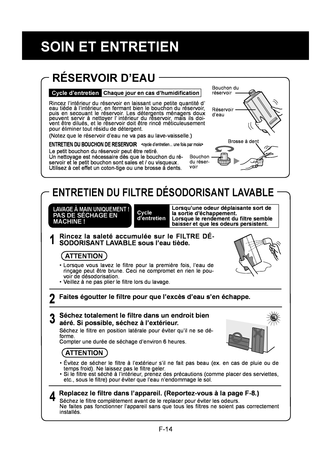 Sharp KC-860U operation manual Réservoir D’Eau, Entretien Du Filtre Désodorisant Lavable, Soin Et Entretien 