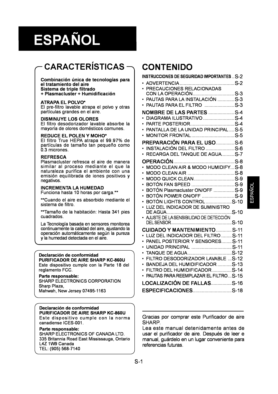 Sharp KC-860U operation manual Español, Características, Contenido 