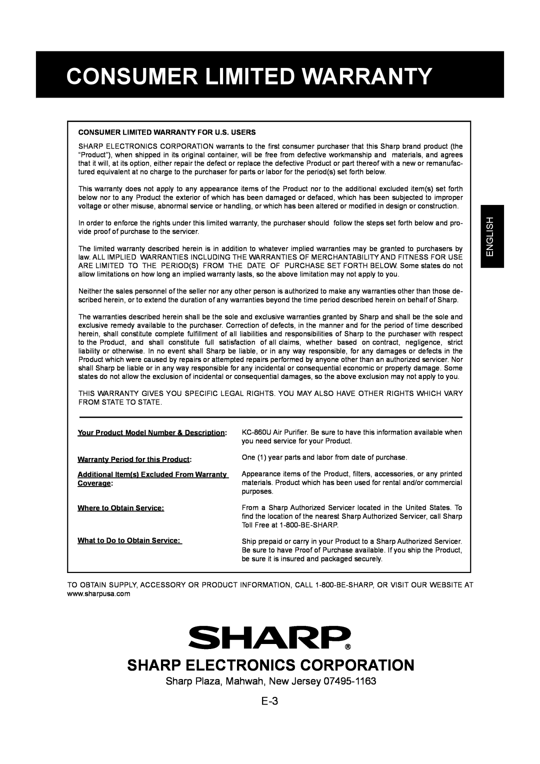 Sharp KC-860U operation manual Sharp Electronics Corporation, English, Consumer Limited Warranty For U.S. Users 