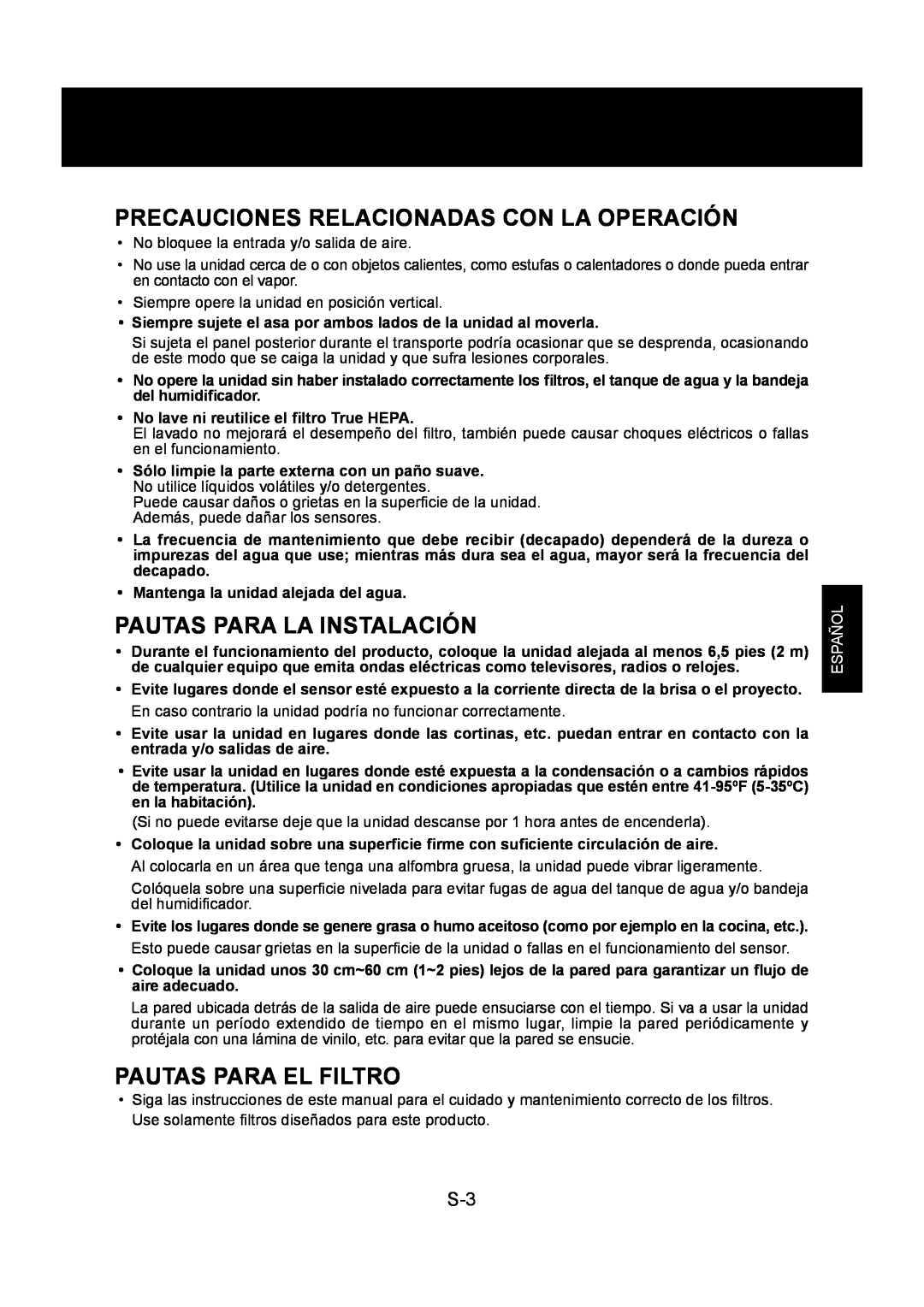 Sharp KC-860U Precauciones Relacionadas Con La Operación, Pautas Para La Instalación, Pautas Para El Filtro, Español 