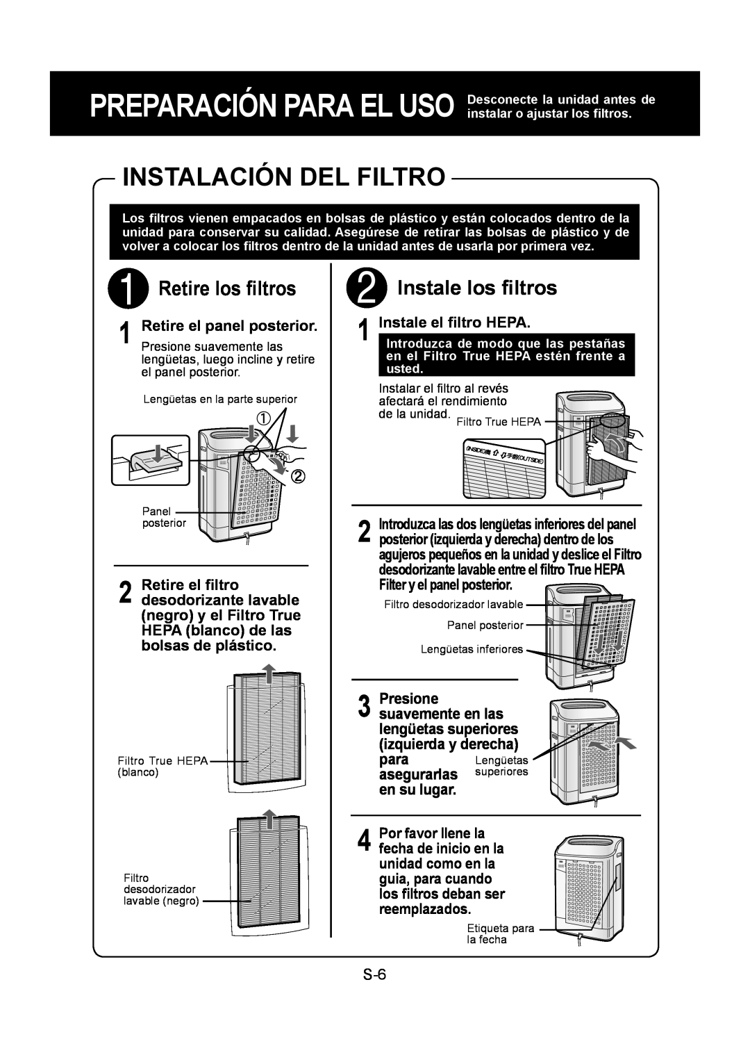 Sharp KC-860U operation manual Instalación Del Filtro, Retire los ﬁltros, Instale los ﬁltros, Instale el ﬁltro HEPA 