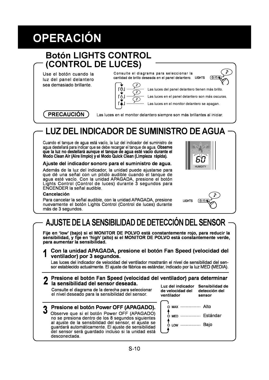 Sharp KC-860U operation manual Operación, Botón LIGHTS CONTROL CONTROL DE LUCES, Luz Del Indicador De Suministro De Agua 