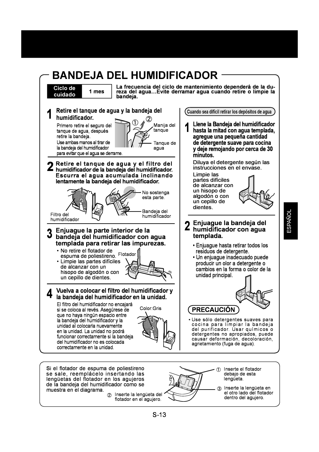 Sharp KC-860U operation manual Bandeja Del Humidificador, humidiﬁcador, S-13, Precaución, Ciclo de, cuidado, Español 