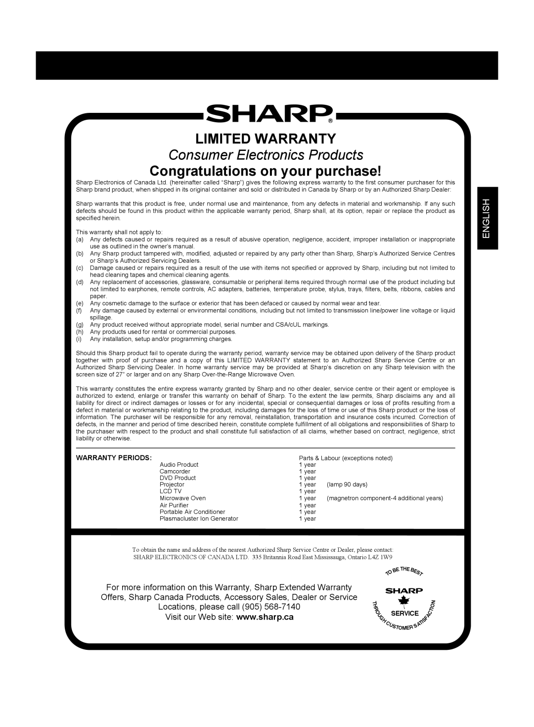 Sharp KC-860U Limited Warranty, Consumer Electronics Products, Congratulations on your purchase, English, Service 