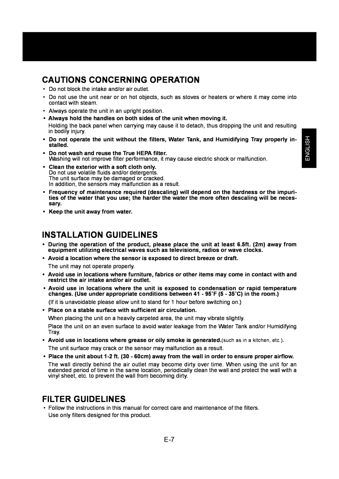 Sharp KC-860U operation manual Cautions Concerning Operation, Installation Guidelines, Filter Guidelines, English 