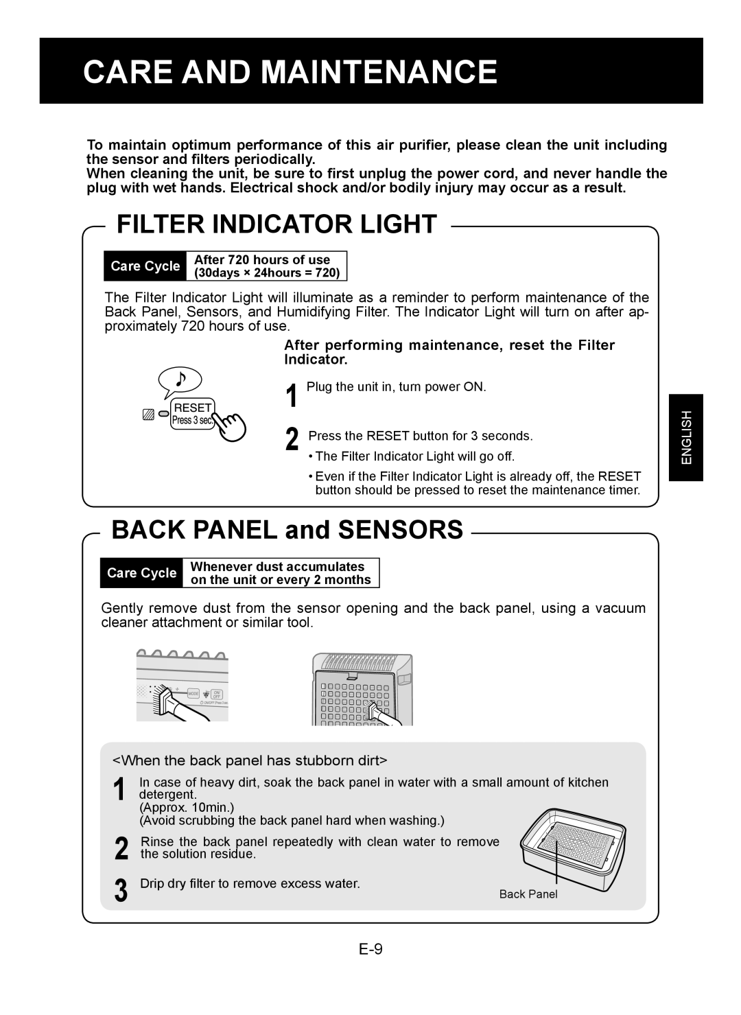 Sharp KC-930E Care and Maintenance, Filter Indicator Light, After performing maintenance, reset the Filter Indicator 