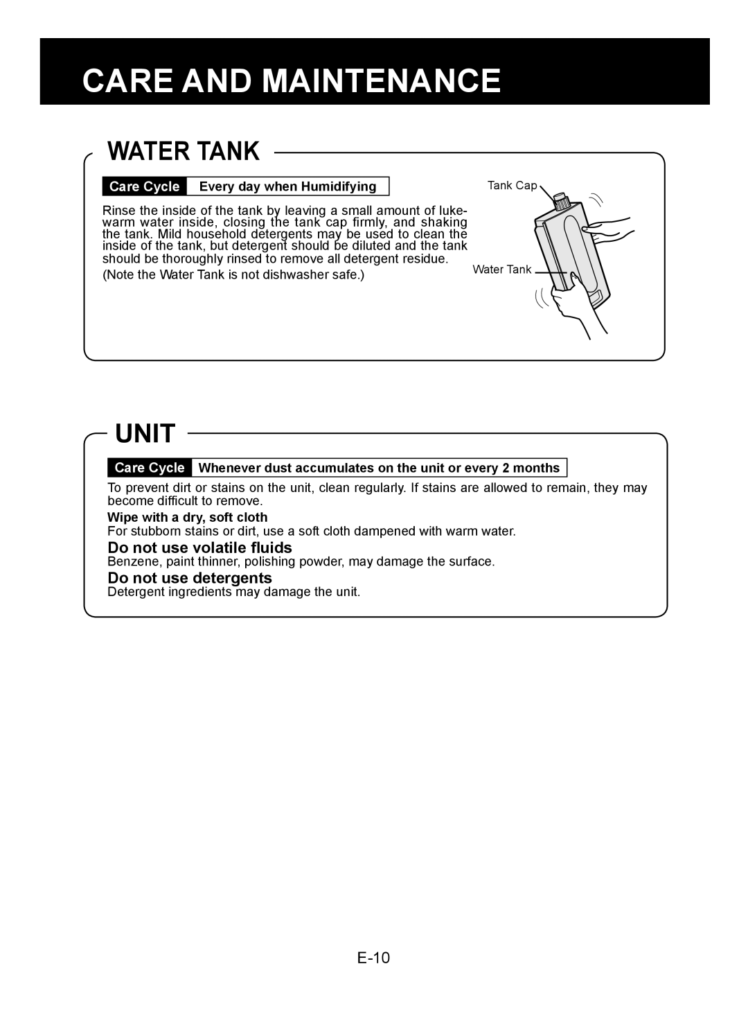 Sharp KC-930E operation manual Water Tank, Unit, Do not use volatile ﬂuids, Do not use detergents 