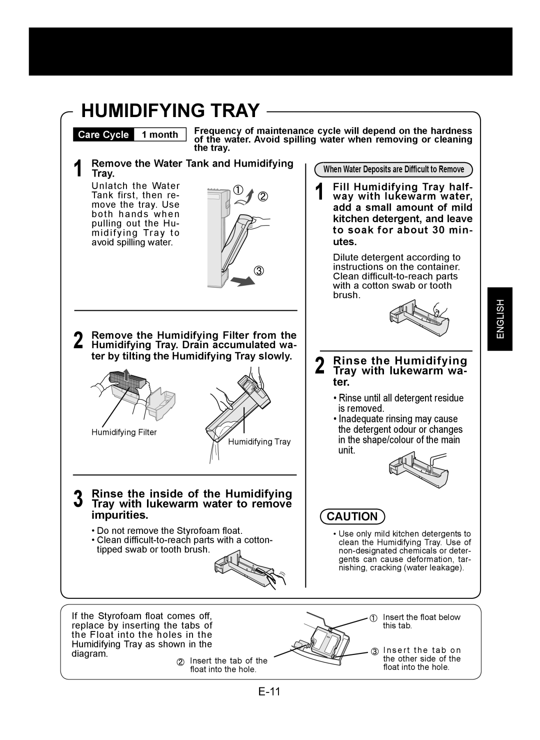 Sharp KC-930E Rinse the Humidifying Tray with lukewarm wa- ter, Remove the Water Tank and Humidifying Tray 