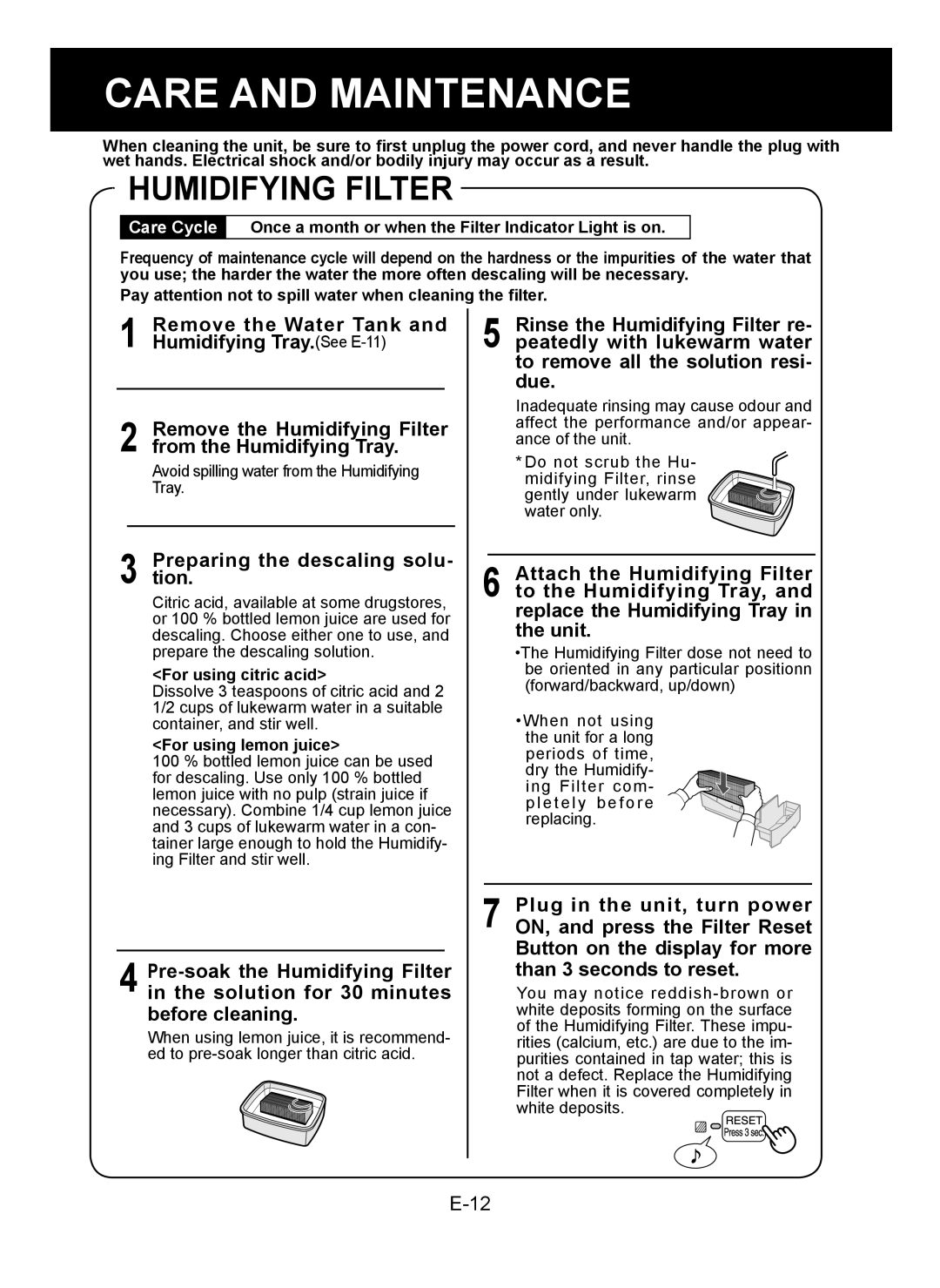 Sharp KC-930E Humidifying Filter, Preparing the descaling solu- tion, For using citric acid, For using lemon juice 