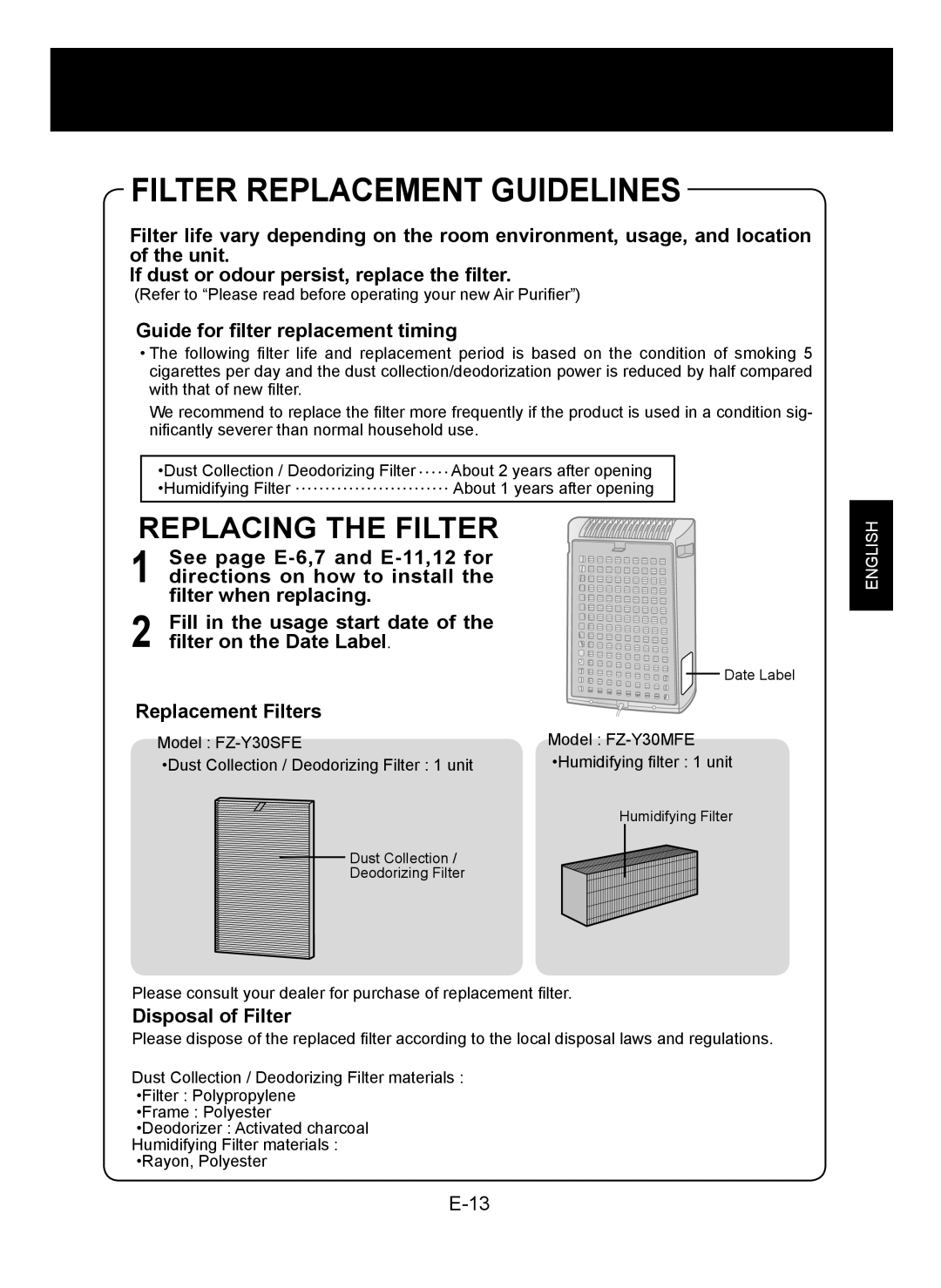 Sharp KC-930E Filter Replacement Guidelines, Replacing the Filter, Guide for ﬁlter replacement timing, Disposal of Filter 