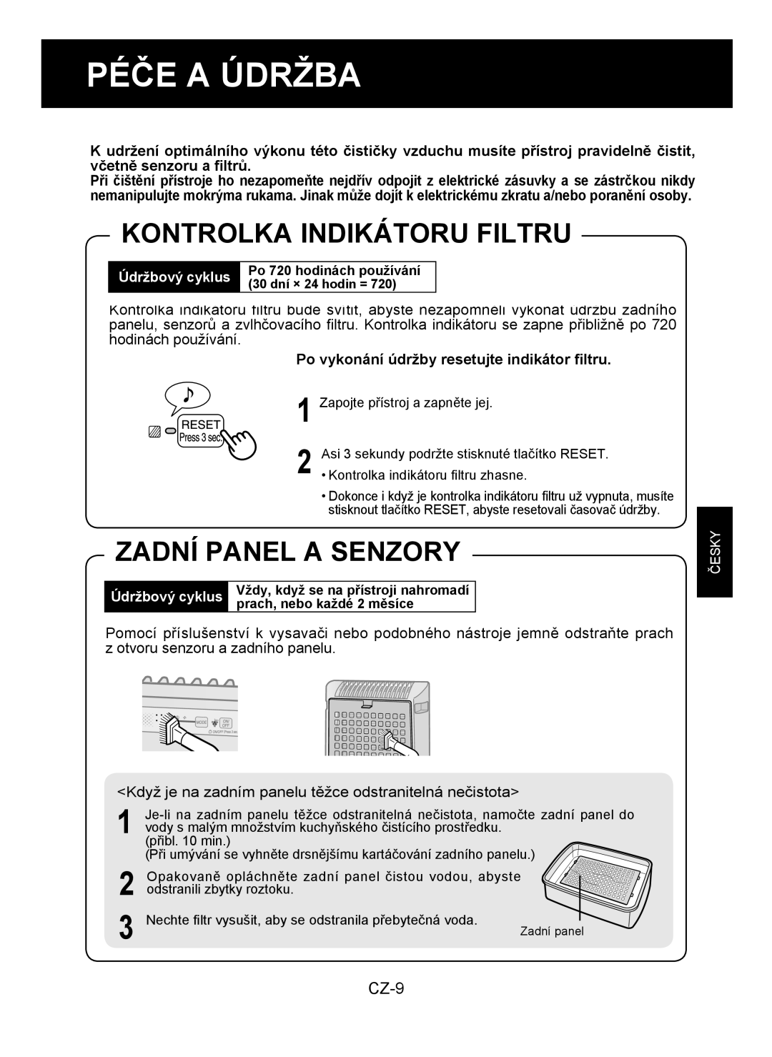 Sharp KC-930E operation manual Péče a Údržba, Kontrolka Indikátoru Filtru, Zadní Panel a Senzory 