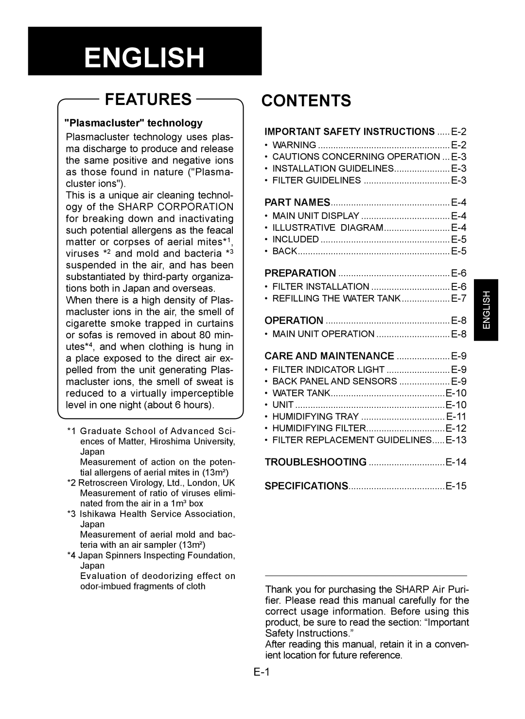 Sharp KC-930E operation manual Features, Contents 