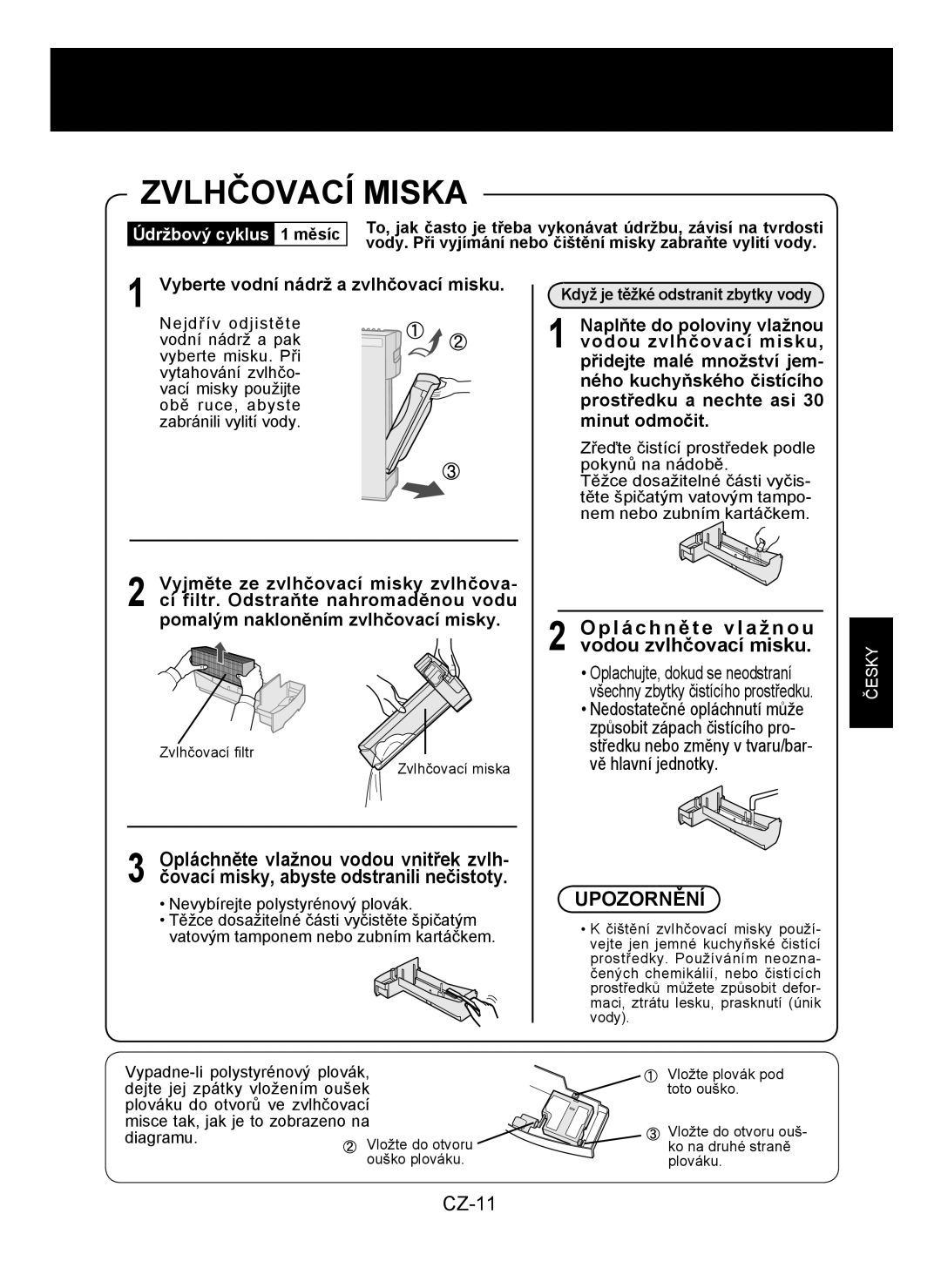 Sharp KC-930E operation manual Zvlhčovací Miska, Vodou zvlhčovací misku, Vyberte vodní nádrž a zvlhčovací misku 