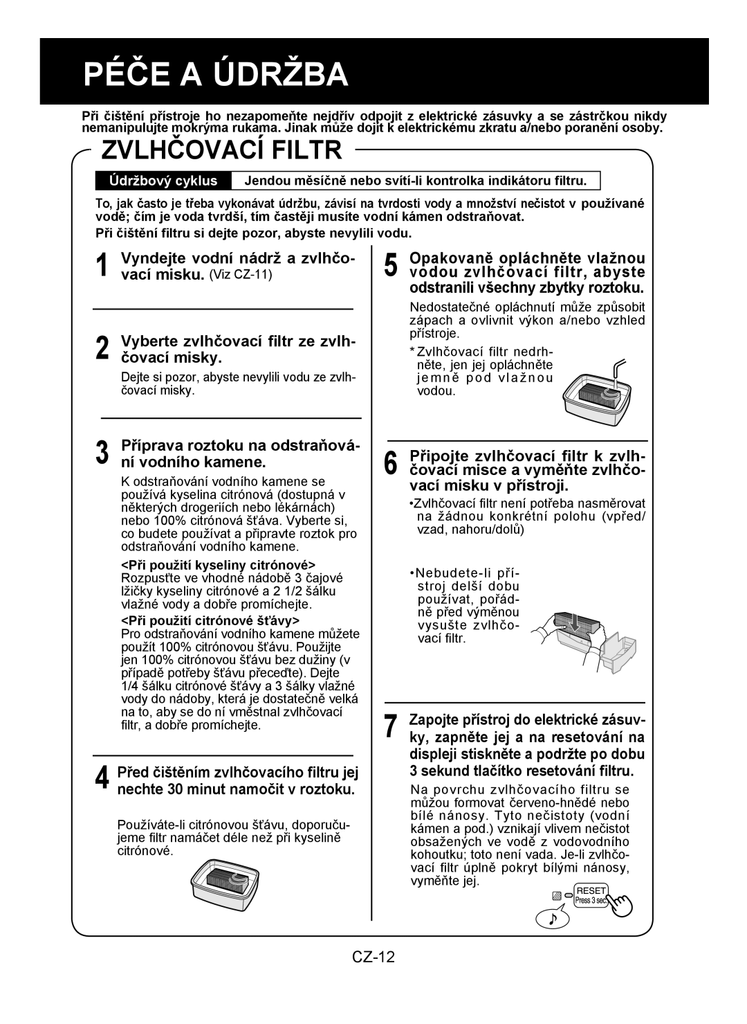 Sharp KC-930E operation manual Zvlhčovací Filtr, Příprava roztoku na odstraňová- ní vodního kamene 