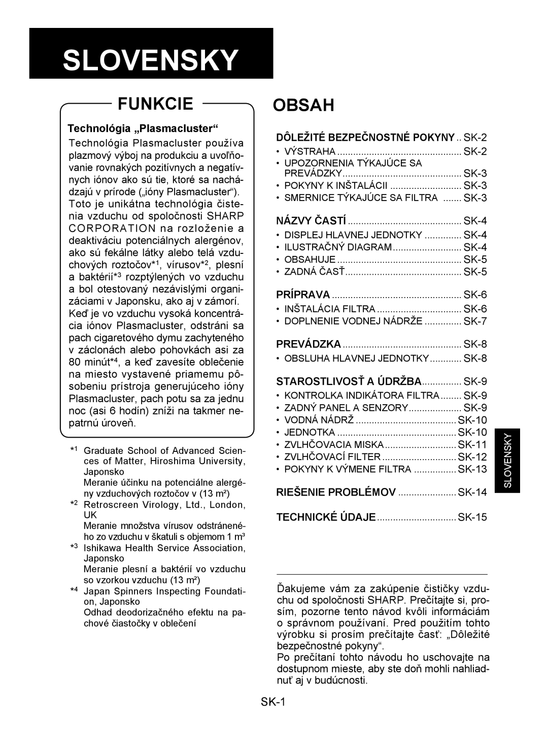 Sharp KC-930E operation manual Funkcie, Technológia „Plasmacluster, Starostlivosť a Údržba ............... SK-9 