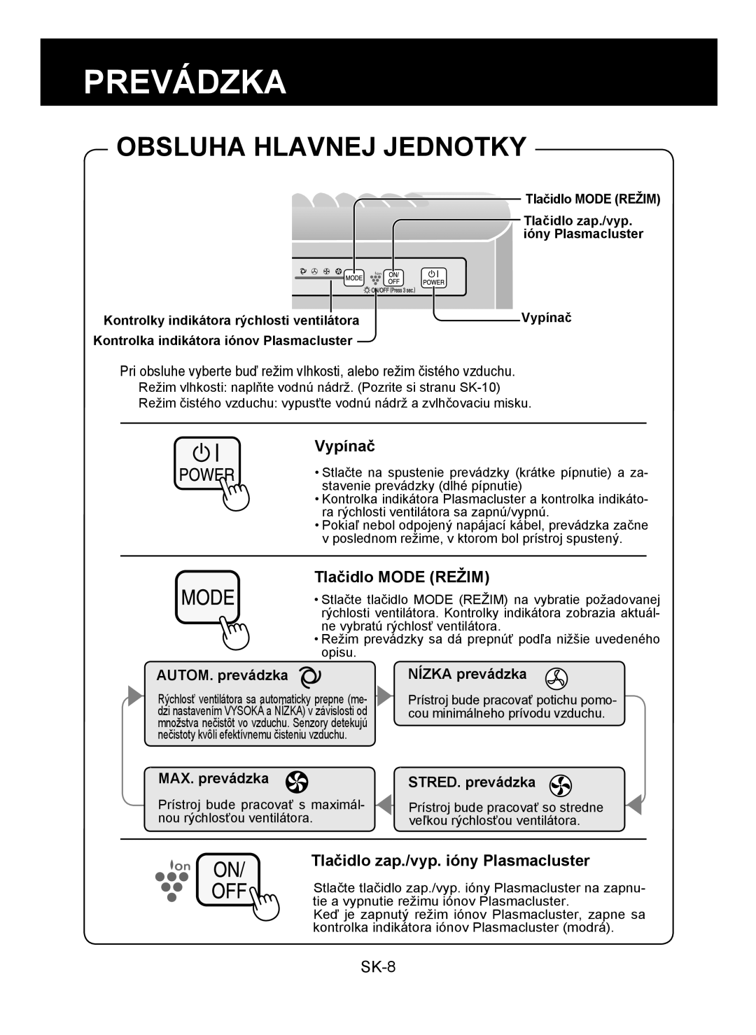 Sharp KC-930E Prevádzka, Obsluha Hlavnej Jednotky, Tlačidlo Mode Režim, Tlačidlo zap./vyp. ióny Plasmacluster 