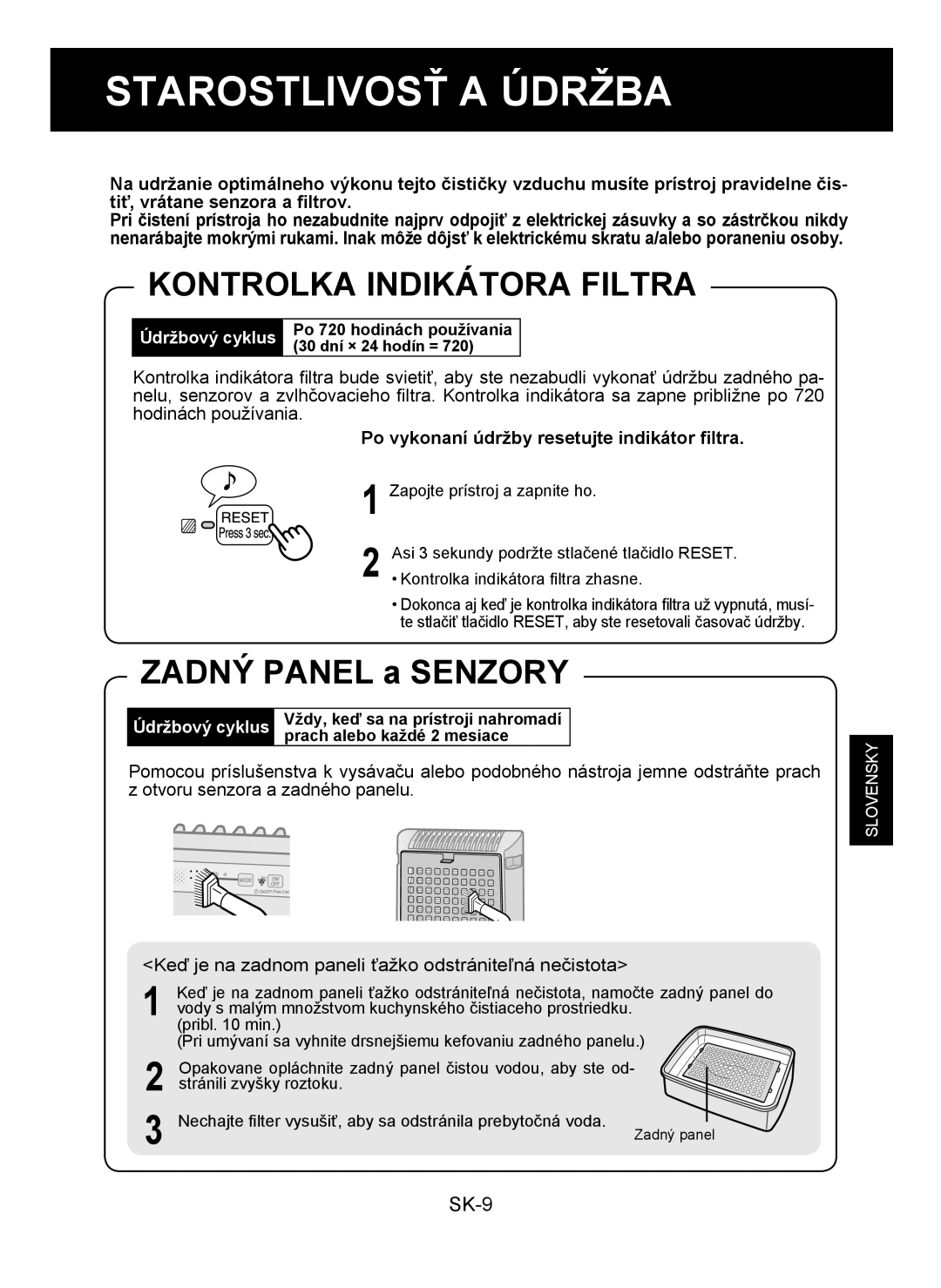 Sharp KC-930E Starostlivosť a Údržba, Kontrolka Indikátora Filtra, Po vykonaní údržby resetujte indikátor ﬁltra 