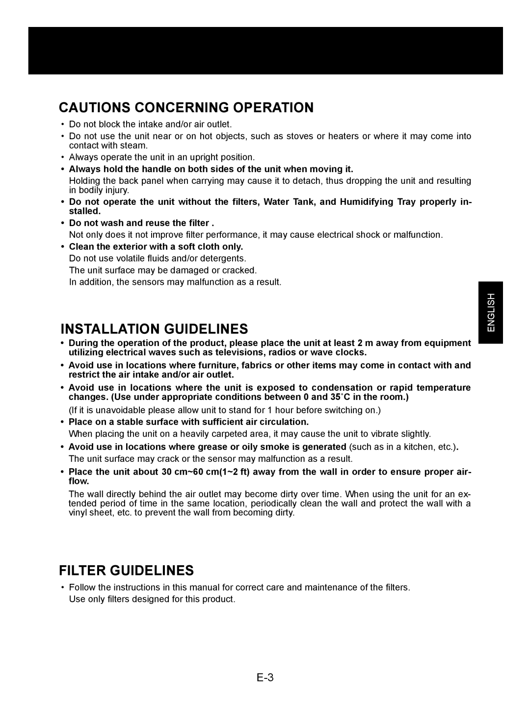 Sharp KC-930E Installation Guidelines, Filter Guidelines, Place on a stable surface with sufﬁcient air circulation 