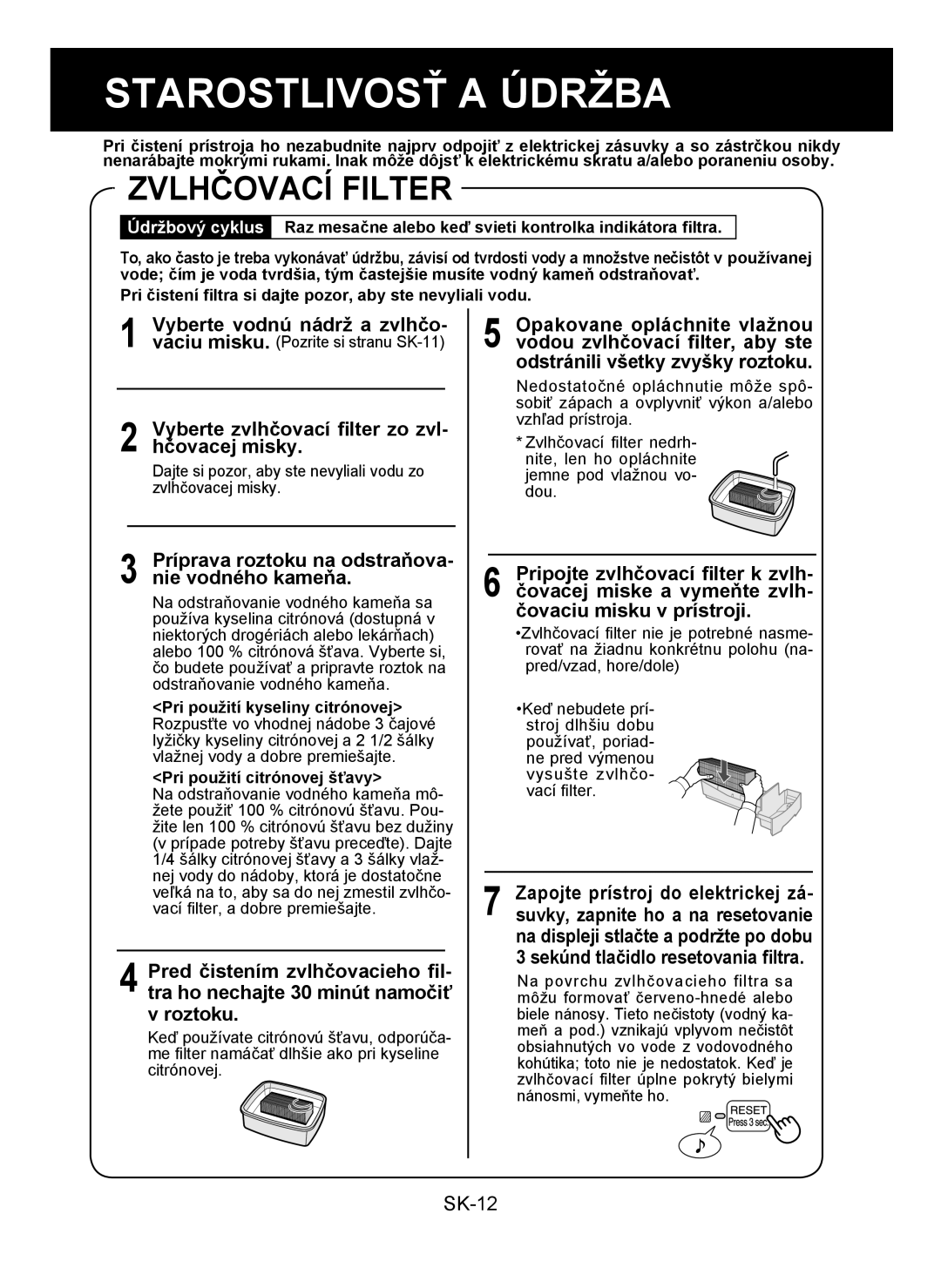 Sharp KC-930E operation manual Zvlhčovací Filter, Vyberte zvlhčovací ﬁlter zo zvl- hčovacej misky 