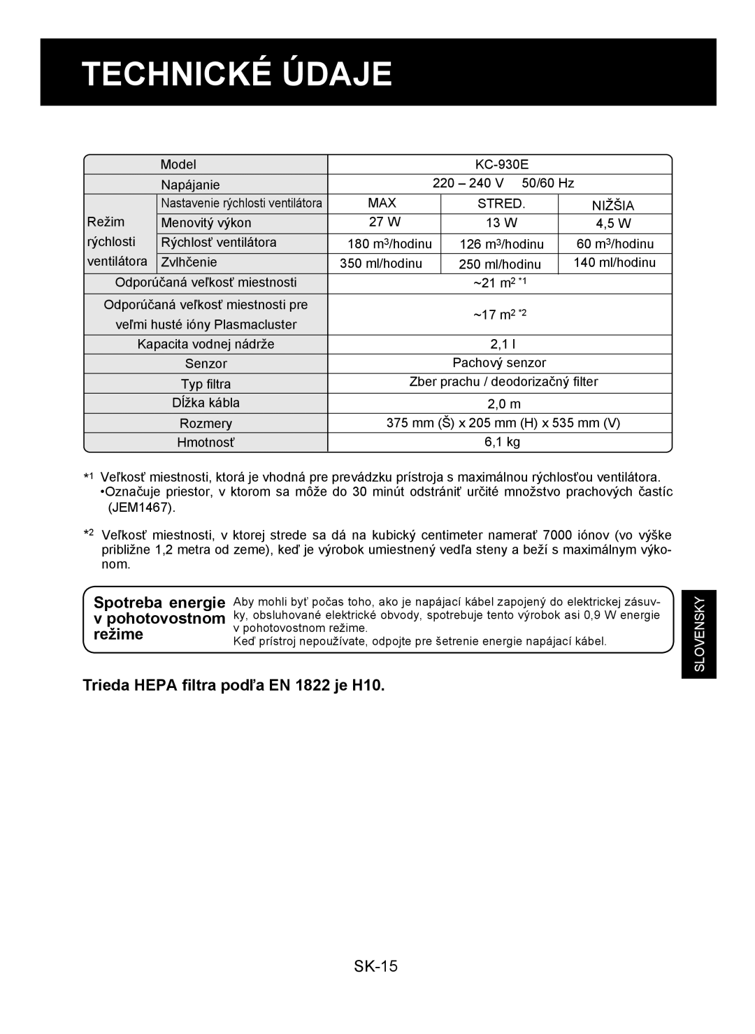 Sharp KC-930E operation manual Spotreba energie, Pohotovostnom, Režime, Trieda Hepa ﬁltra podľa EN 1822 je H10 