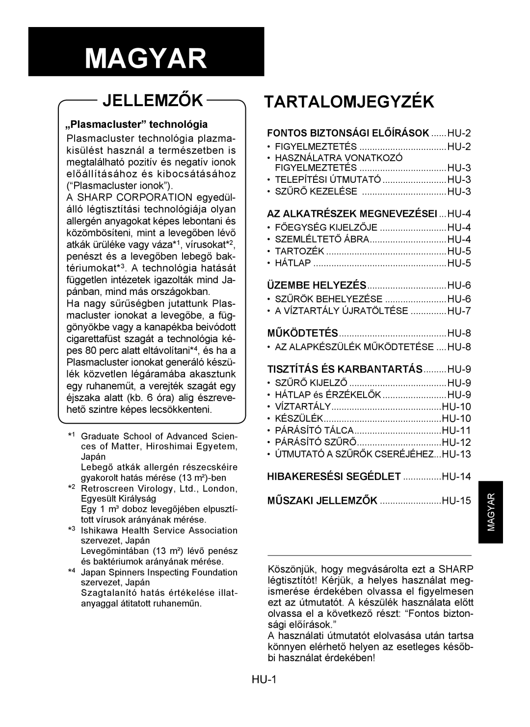 Sharp KC-930E Tartalomjegyzék, „Plasmacluster technológia, Műszaki Jellemzők ........................ HU-15 