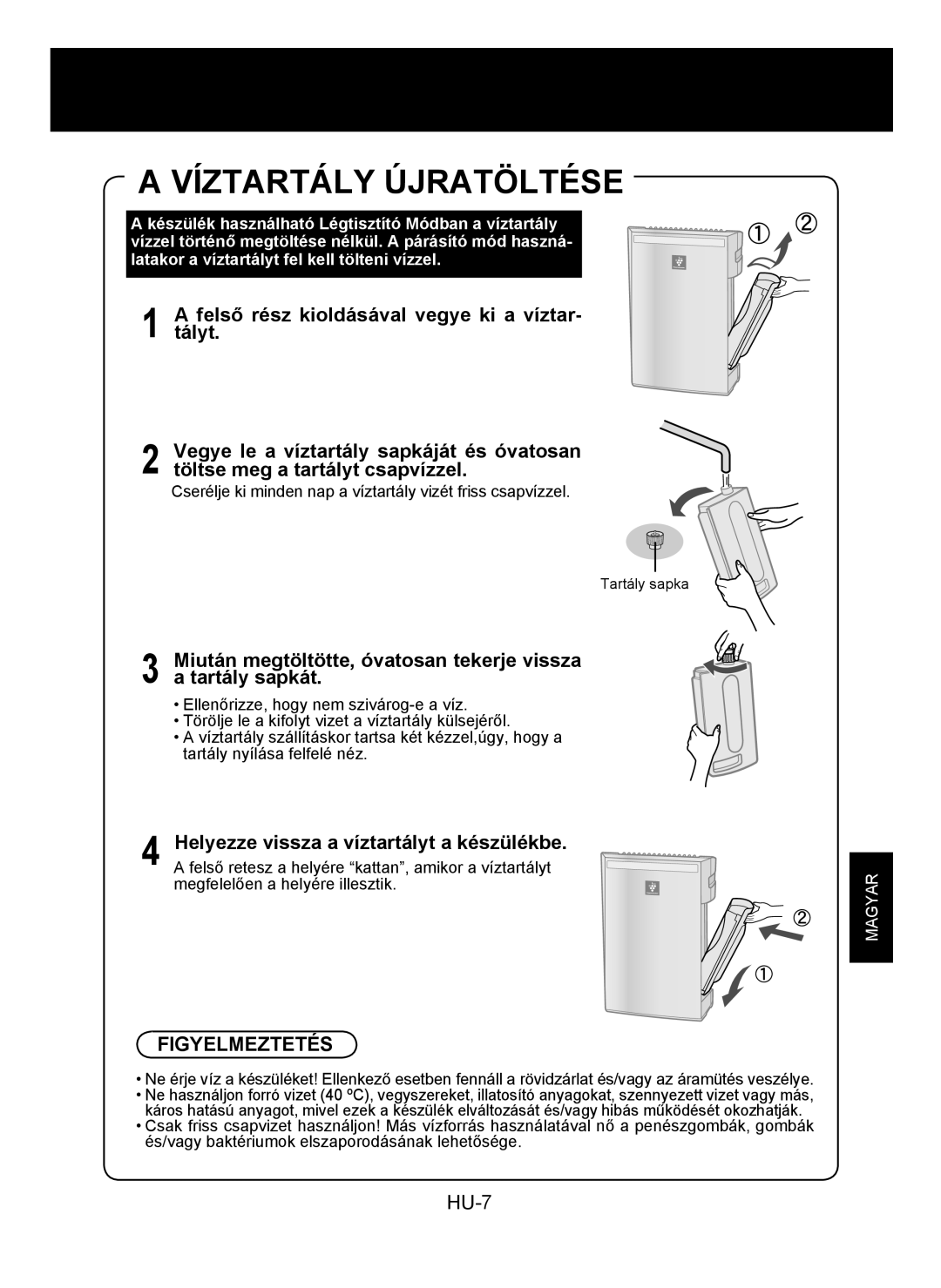 Sharp KC-930E operation manual Víztartály Újratöltése, Miután megtöltötte, óvatosan tekerje vissza a tartály sapkát 