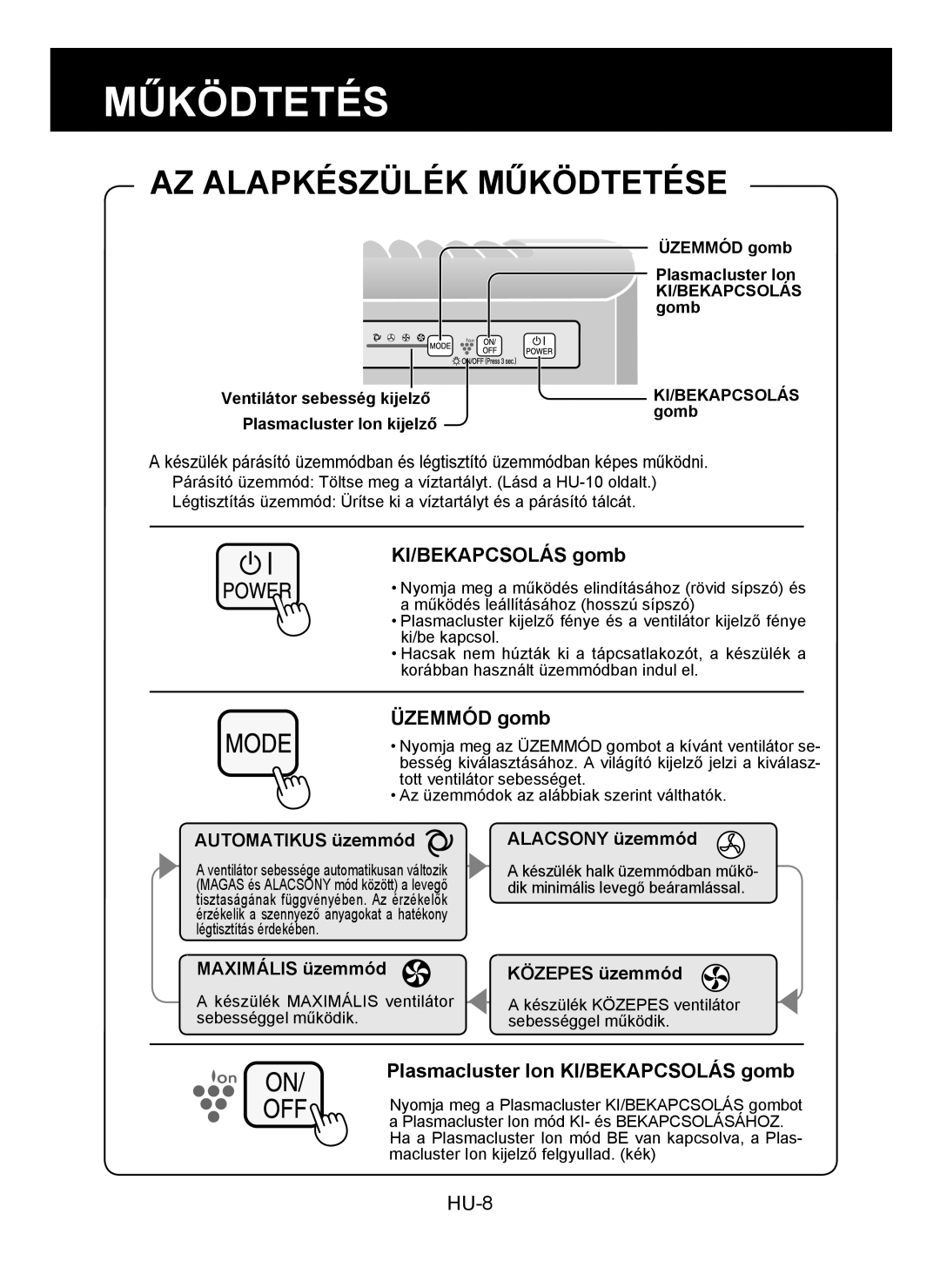 Sharp KC-930E operation manual AZ Alapkészülék Működtetése, Üzemmód gomb, Plasmacluster Ion KI/BEKAPCSOLÁS gomb 