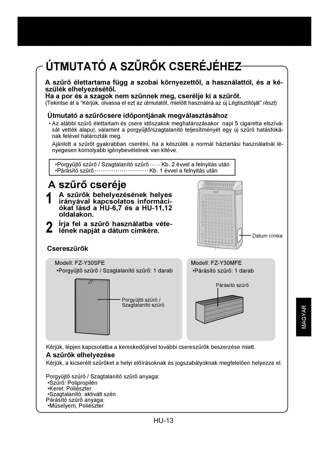 Sharp KC-930E Útmutató a Szűrők Cseréjéhez, Útmutató a szűrőcsere időpontjának megválasztásához, Szűrők elhelyezése 