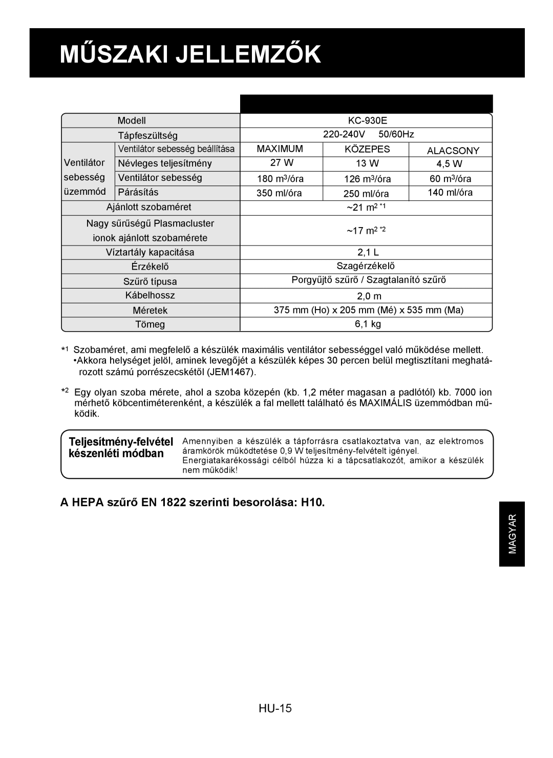 Sharp KC-930E operation manual Műszaki Jellemzők, Hepa szűrő EN 1822 szerinti besorolása H10 