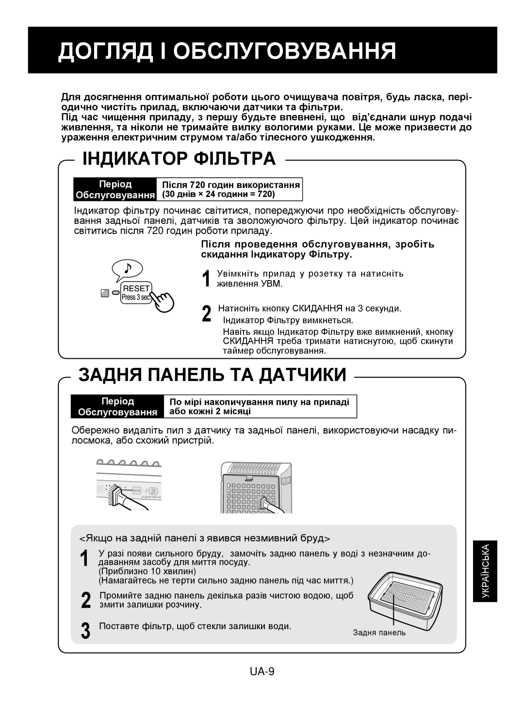 Sharp KC-930E Догляд І Обслуговування, Індикатор Фільтра, Задня Панель ТА Датчики, По мірі накопичування пилу на приладі 