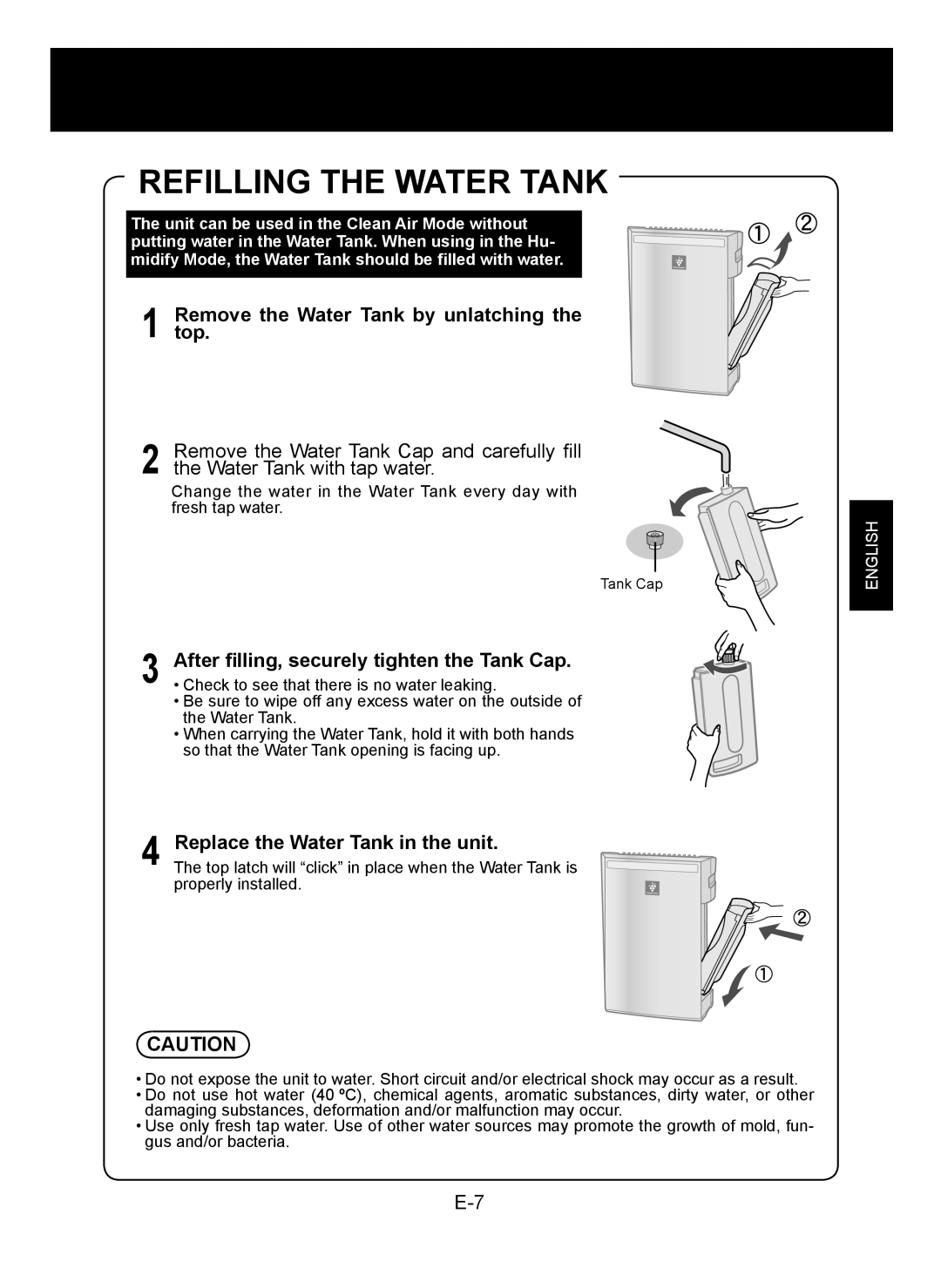 Sharp KC-930E Refilling the Water Tank, Remove the Water Tank by unlatching the top, Replace the Water Tank in the unit 