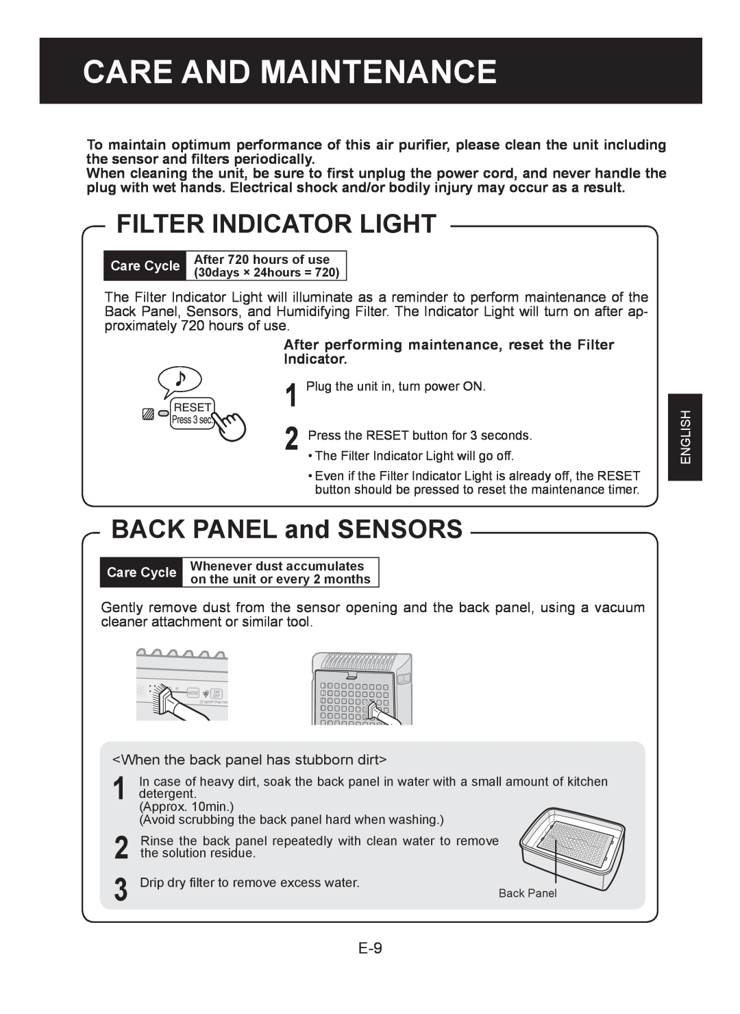 Sharp KC-930E operation manual Care And Maintenance, Filter Indicator Light, BACK PANEL and SENSORS 
