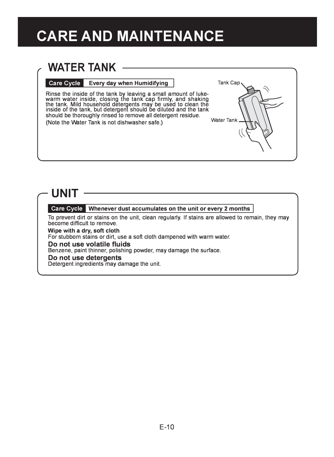 Sharp KC-930E Water Tank, Unit, Do not use volatile ﬂuids, Do not use detergents, E-10, Care And Maintenance, Care Cycle 