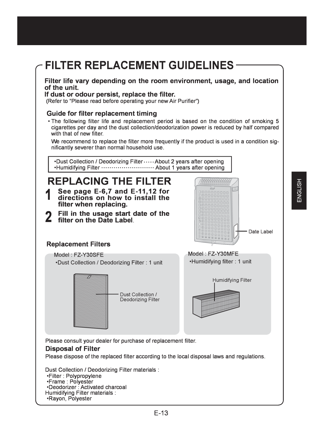 Sharp KC-930E Filter Replacement Guidelines, Replacing The Filter, If dust or odour persist, replace the ﬁlter, E-13 