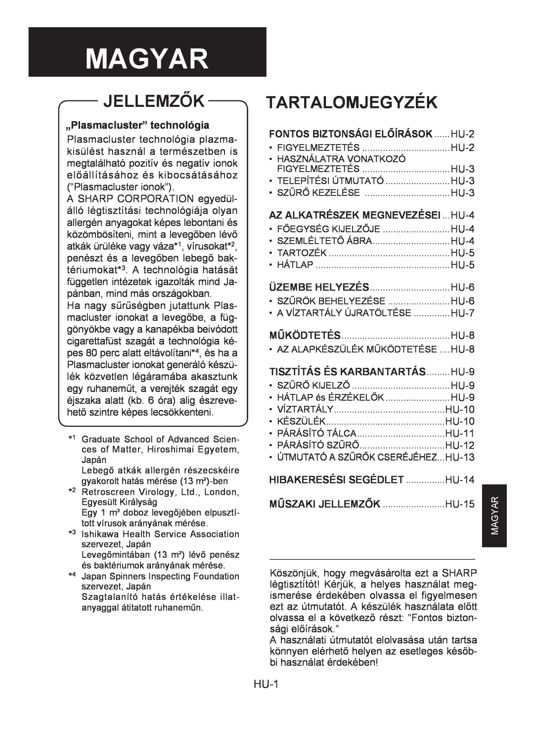 Sharp KC-930E operation manual Magyar, Jellemzők, Tartalomjegyzék, HU-1, „Plasmacluster” technológia 