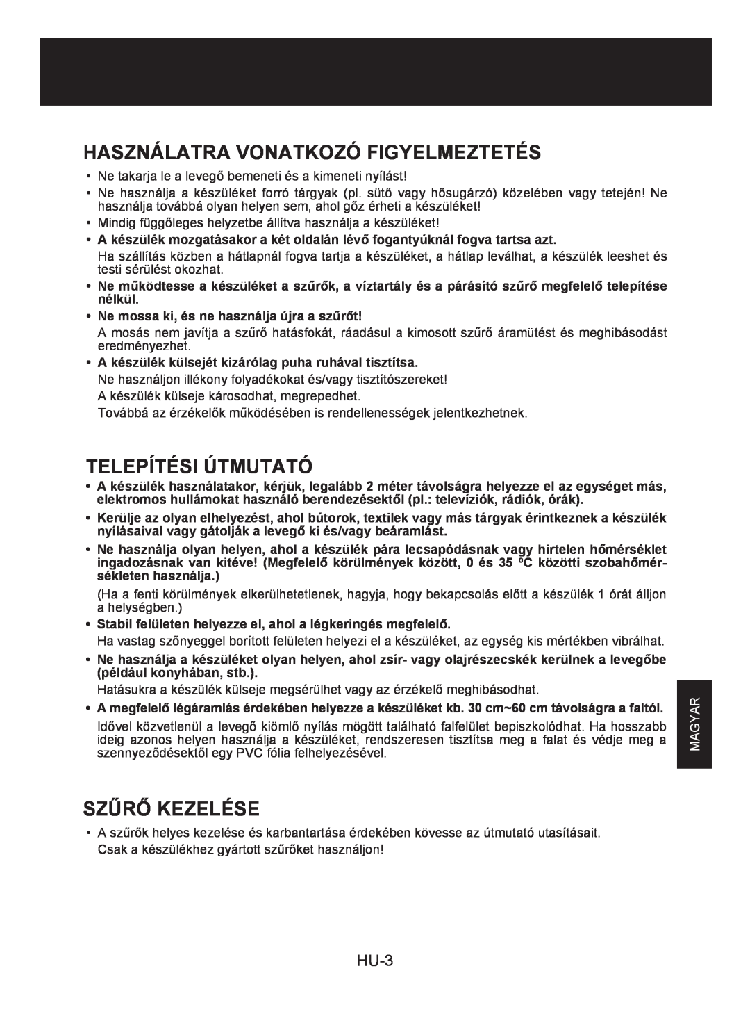 Sharp KC-930E operation manual Használatra Vonatkozó Figyelmeztetés, Telepítési Útmutató, Szűrő Kezelése, HU-3, Magyar 