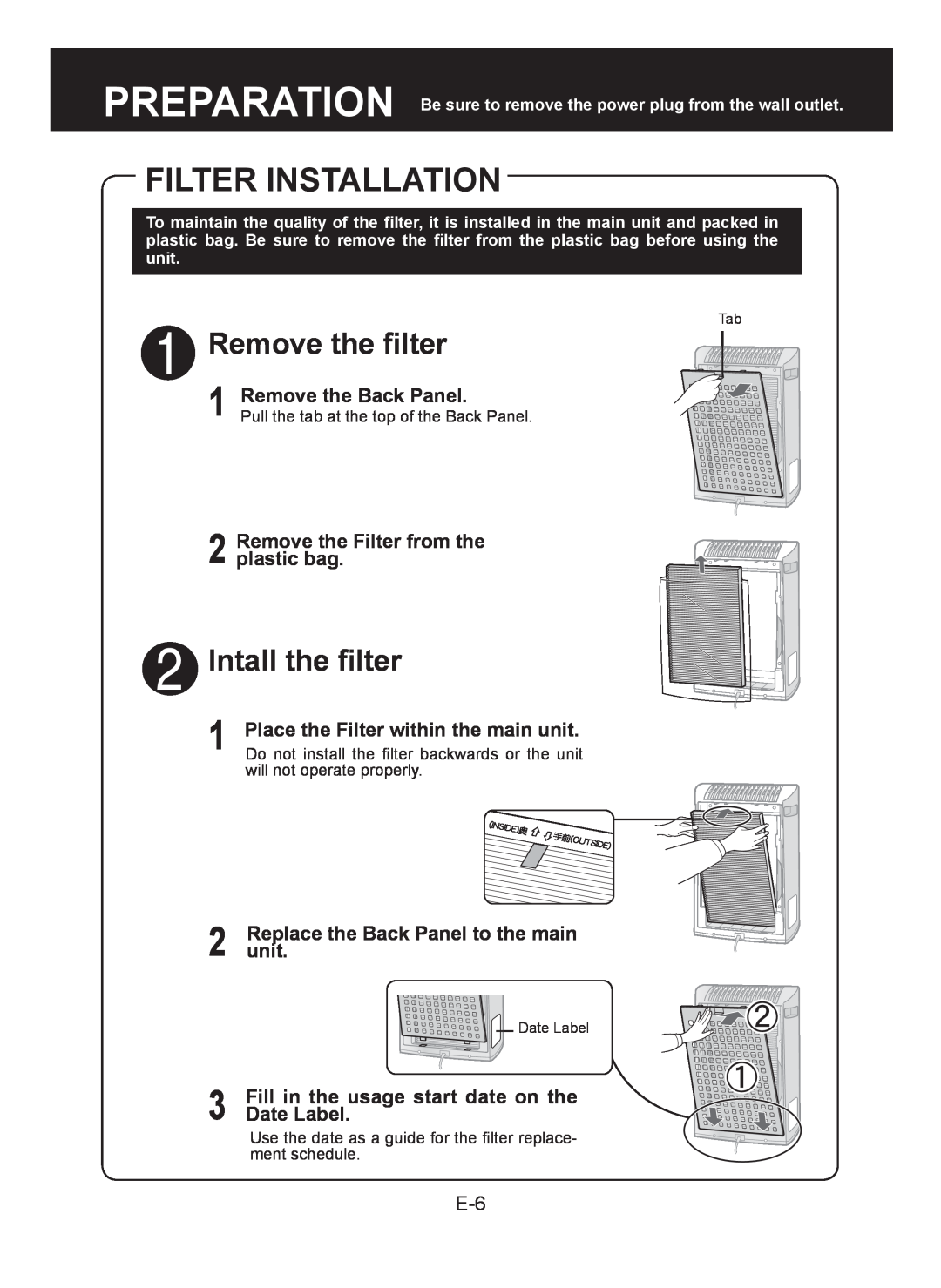 Sharp KC-930E operation manual Filter Installation, Remove the ﬁlter, Intall the ﬁlter, Remove the Back Panel, unit 