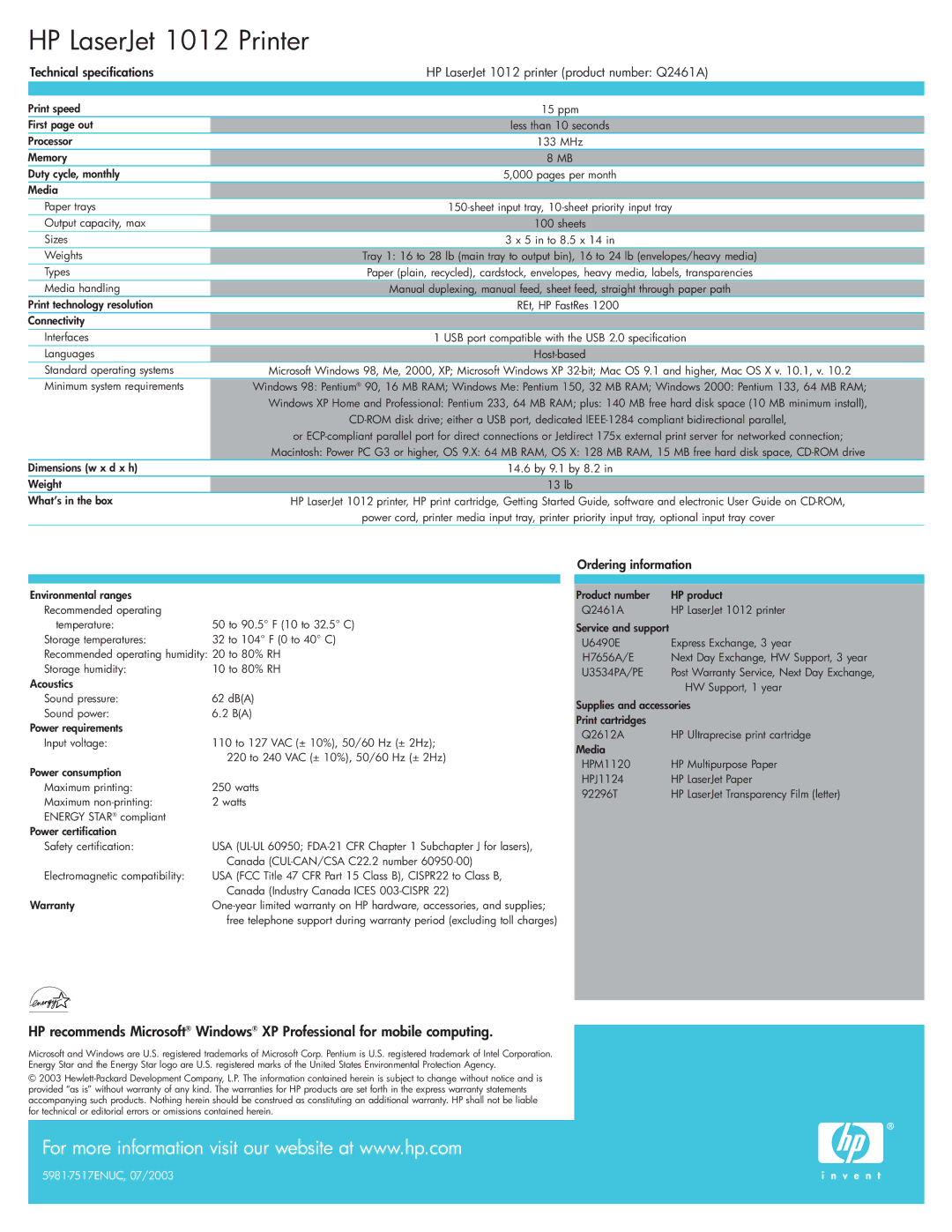 Sharp LaserJet 1012 warranty Technical specifications 